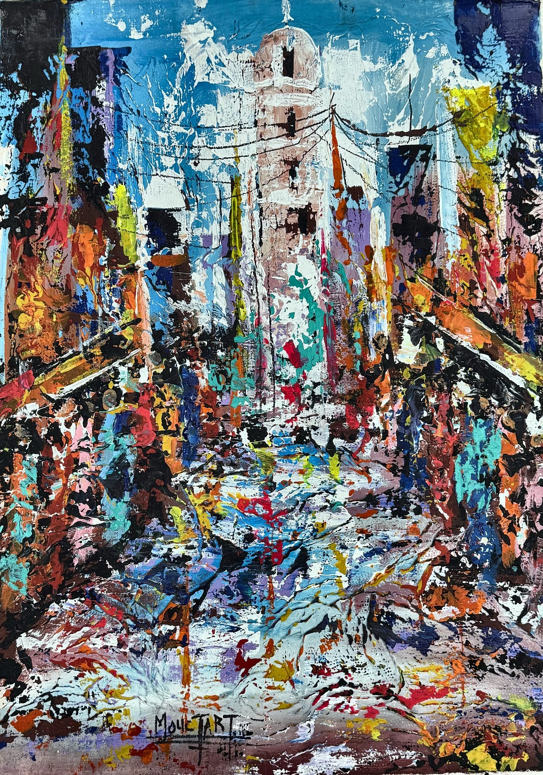 Enquire About This Artwork:
The Market Street
A street of stalls in warm reds, oranges and teals, drawing the eye toward a pale tower at the end.

Acrylic on canvas, 54 × 74 cm, (original work- one available) Price: € 750 (incl. VAT 13.5%), Floating 