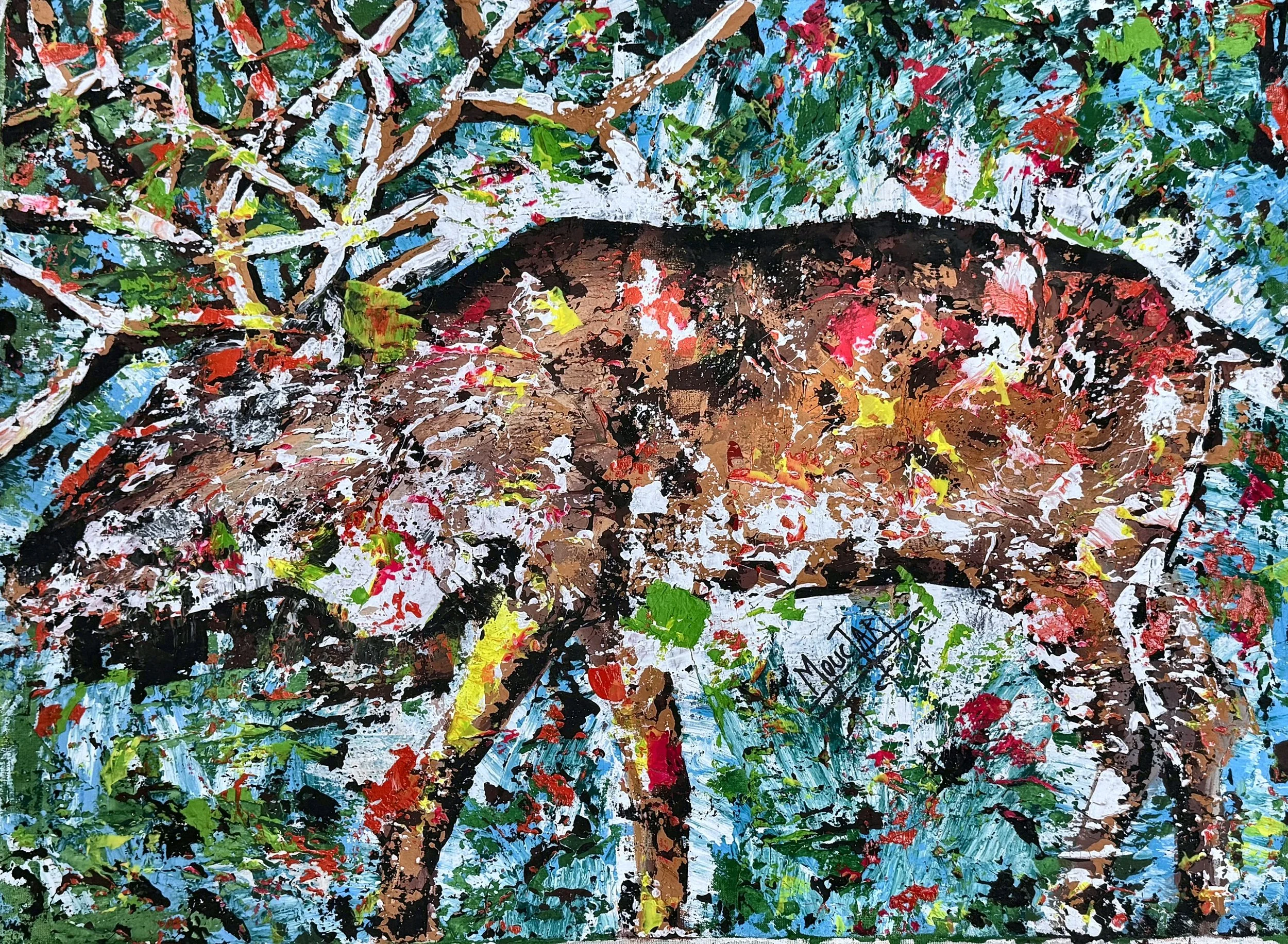 Enquire About This Artwork:
Guardian of the Frozen Forest
A large form emerges from a tangle of white birch branches, camouflaged in bark-like browns and reds.
Acrylic on canvas, 74 × 54 cm, (original work- one available) Price: € 1550 (incl. VAT 13.