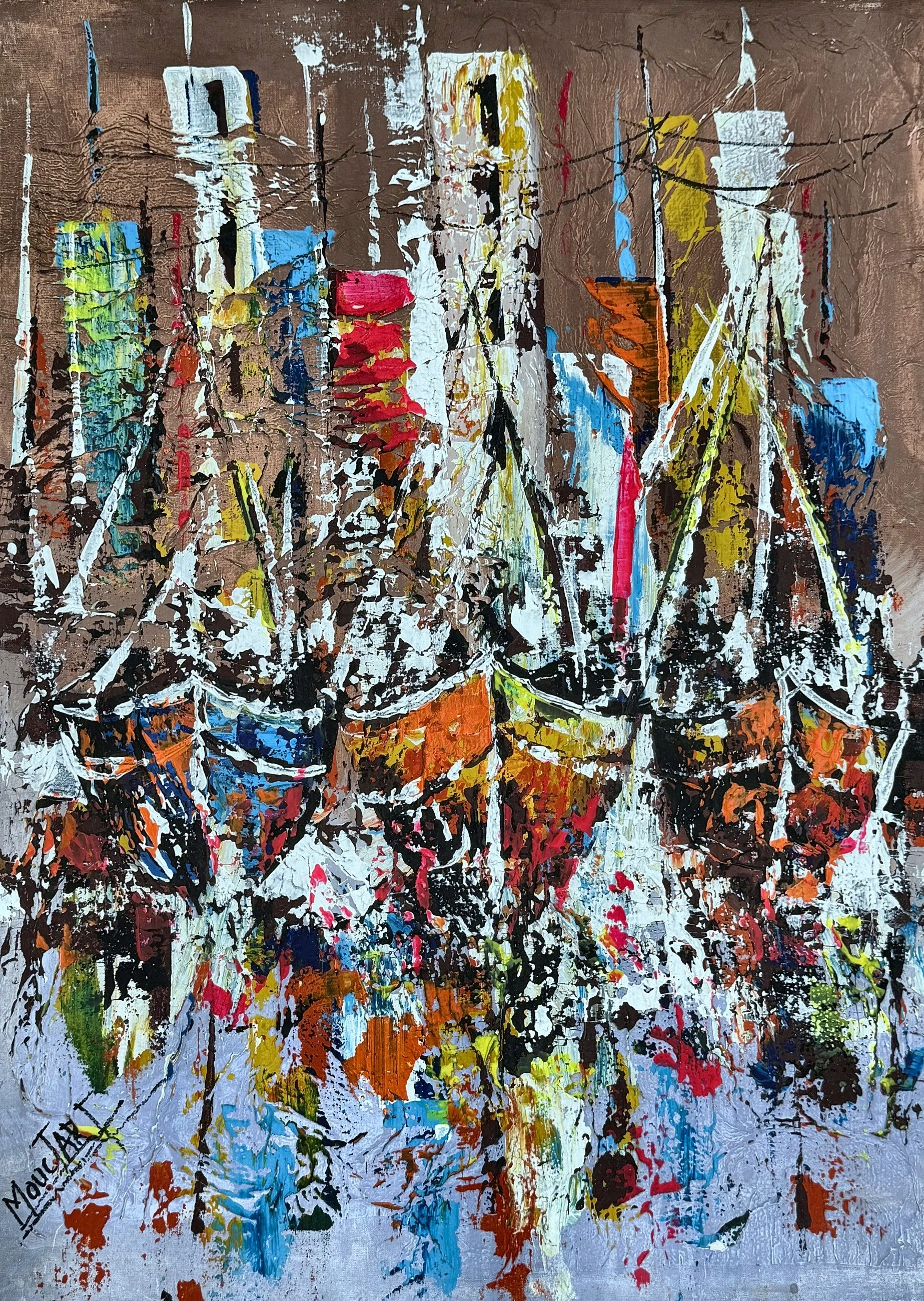 Enquire About This Artwork:
Life at the Port
A forest of masts and rigging at a working harbour, with a pale wash below reading as reflected water.

Acrylic on canvas, 54 × 74 cm, (original work- one available) Price: € 950 (incl. VAT 13.5%), Floatin