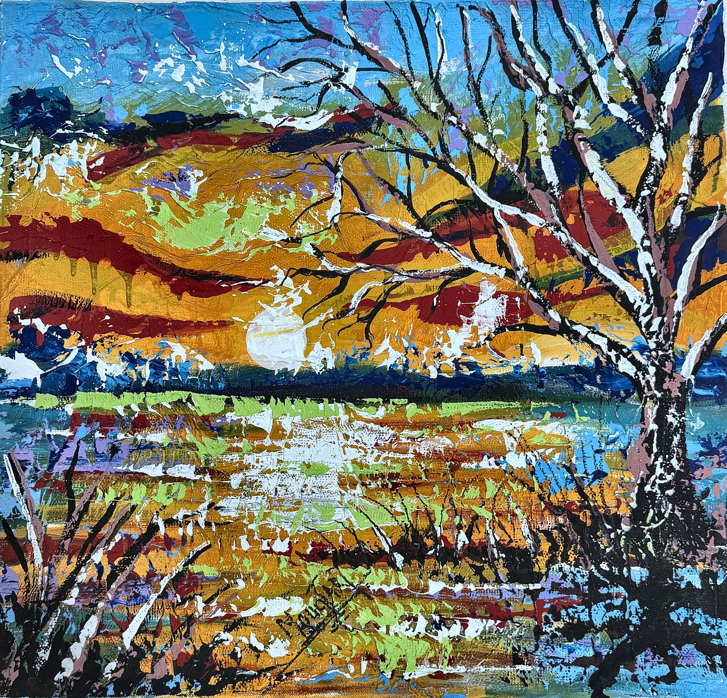 Enquire About This Artwork:
Coucher du soleil
A low sun over water, seen through the bare branches of a birch, in deep orange, red and blue.

Acrylic on canvas, Dimensions: 57 × 54 cm, (original work- one available) Price: € 750 (incl. VAT 13.5%), Fl