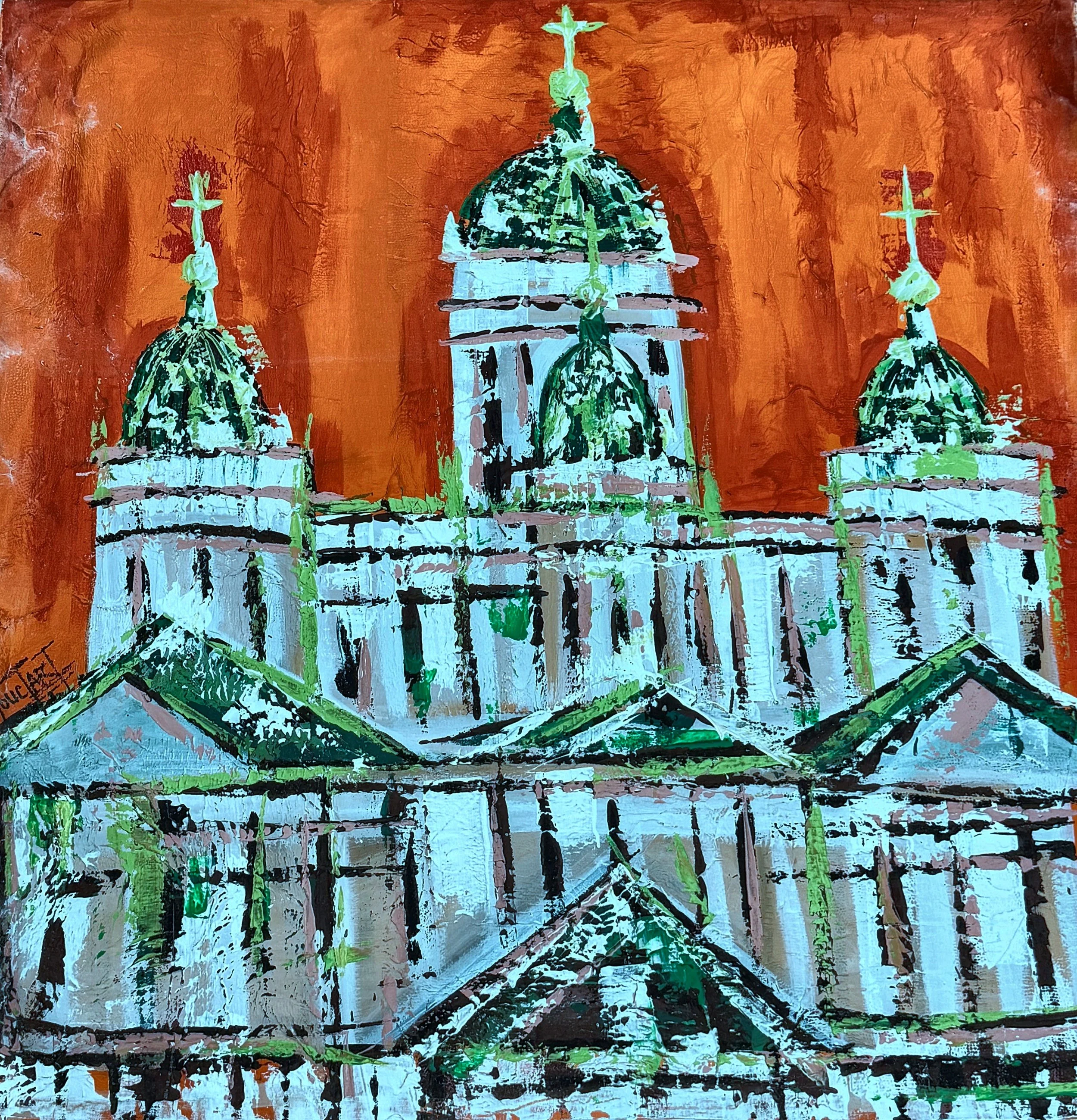 Enquire About This Artwork:
Heritage & Spirituality, Domkyrka
Green-domed cathedral towers rise against a bold orange sky.

Acrylic on canvas, 100 × 100 cm, (original work- one available) Price: € 1750 (incl. VAT 13.5%), Floating frame available on r