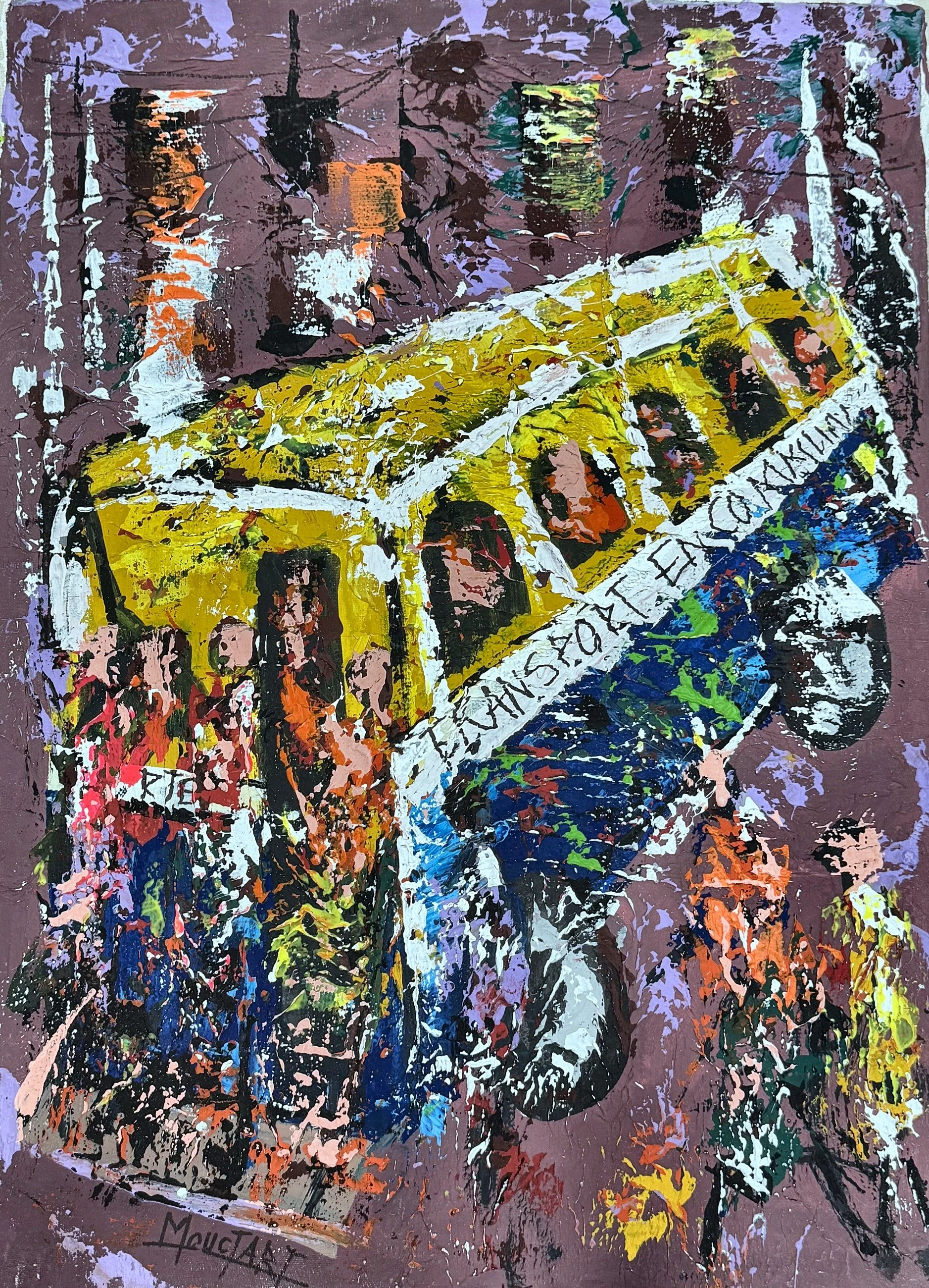 Enquire About This Artwork:
Public Transport
A packed yellow bus tilts across a mauve street scene, passengers rendered as loose blocks of colour.
Acrylic on canvas, 54 × 74 cm, (original work- one available) Price: € 650 (incl. VAT 13.5%), Floating 