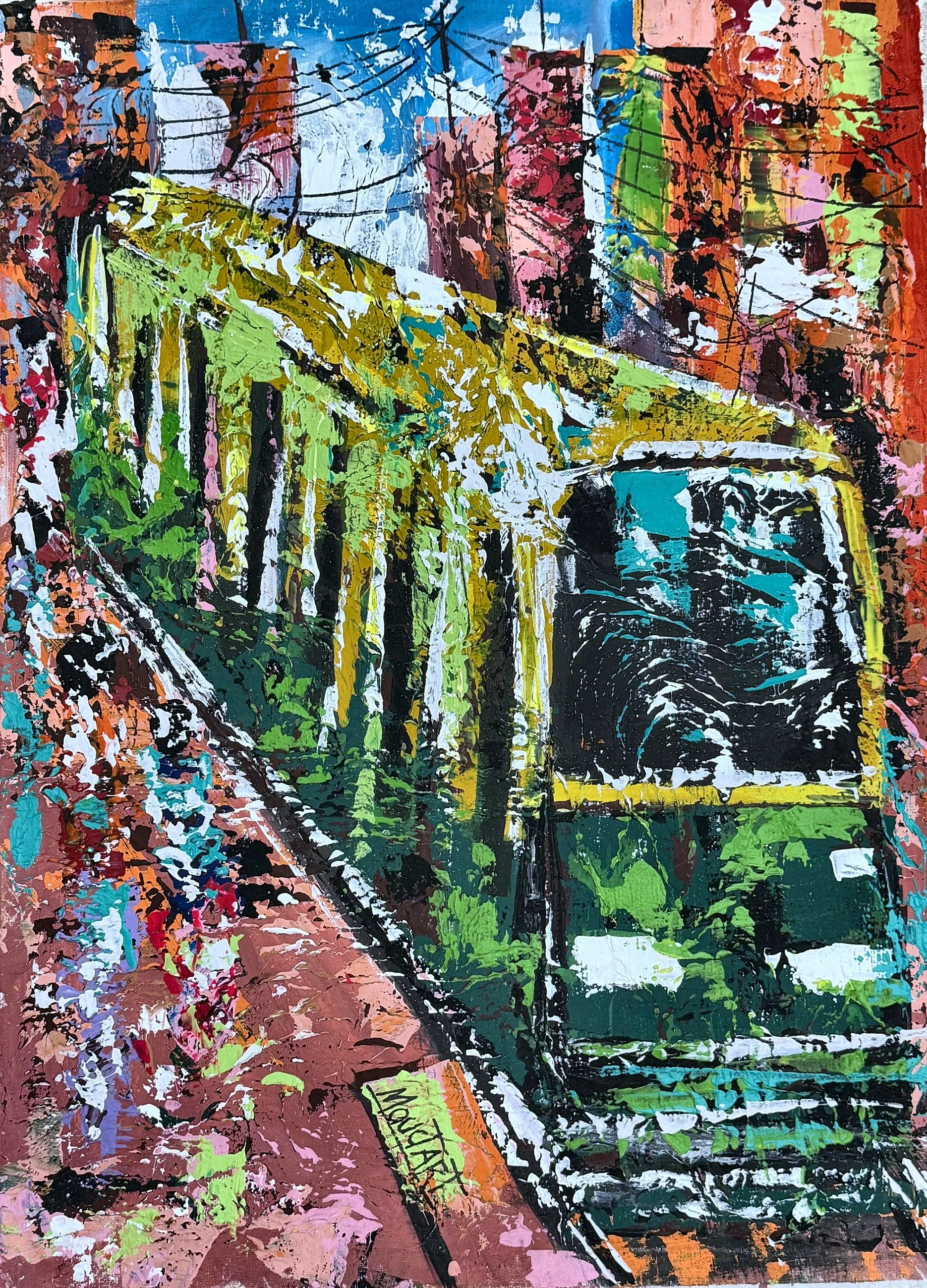 Enquire About This Artwork:
Tramway Ascent
A tram climbing between buildings in citrus yellow and green, its dark windshield catching a swirl of white.

Acrylic on canvas, 54 × 74 cm, (original work- one available) Price: € 1100 (incl. VAT 13.5%), Fl