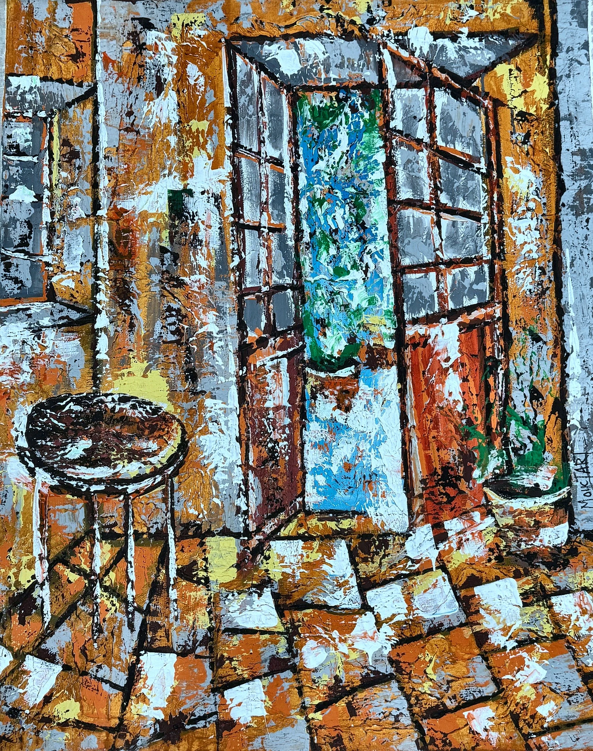 Enquire About This Artwork:
The Stool and the Garden
A sunlit interior corner with a round stool, a window opening onto greenery, and a potted plant.

Acrylic on canvas, 80 × 100 cm, (original work- one available) Price: € 1450 (incl. VAT 13.5%), Flo