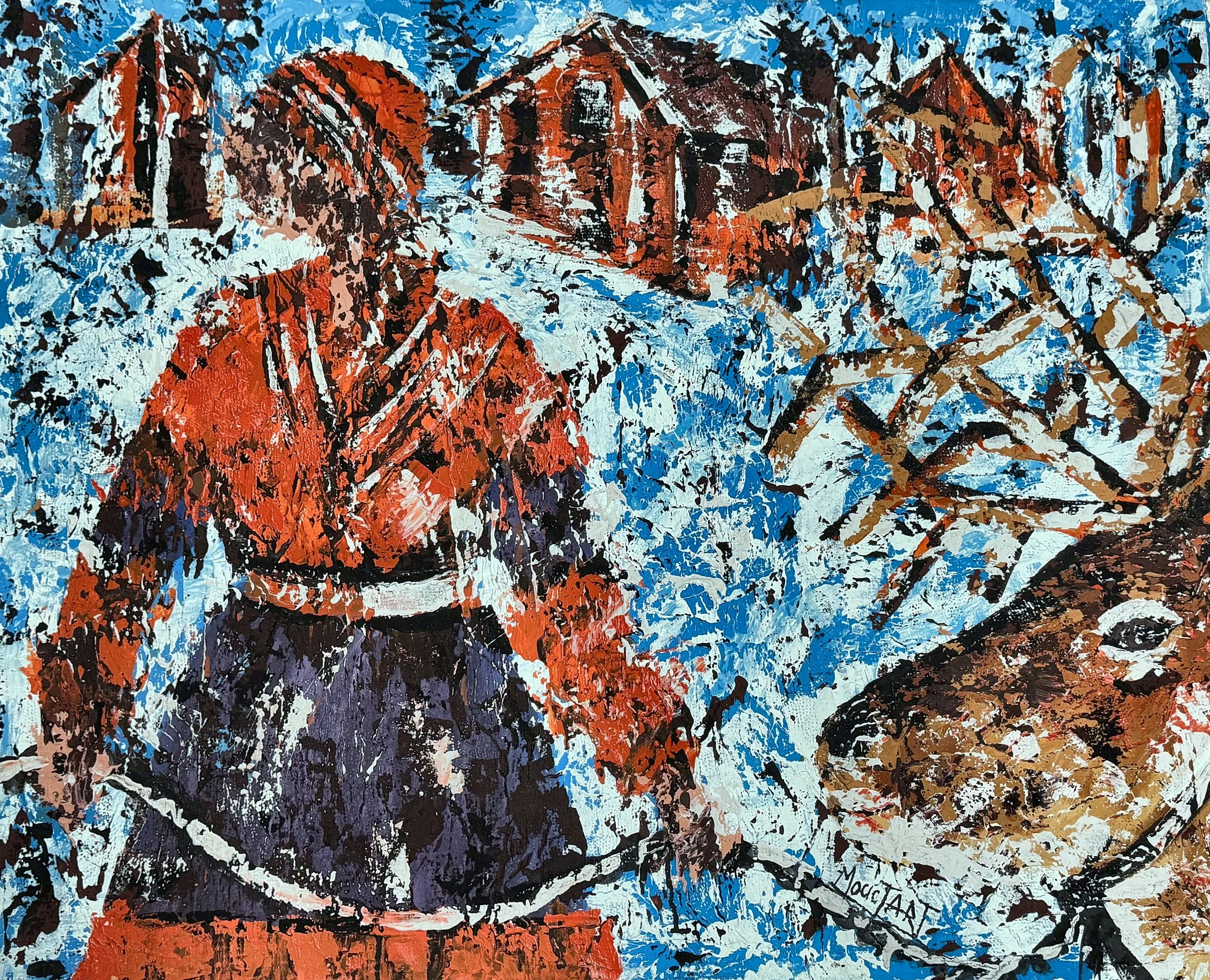 Enquire About This Artwork:
Icy Encounter
Two figures in winter coats stand before a house and bare branches, rendered in blues, oranges and white.

Acrylic on canvas, 100 × 80 cm, (original work- one available) Price: € 1850 (incl. VAT 13.5%), Float