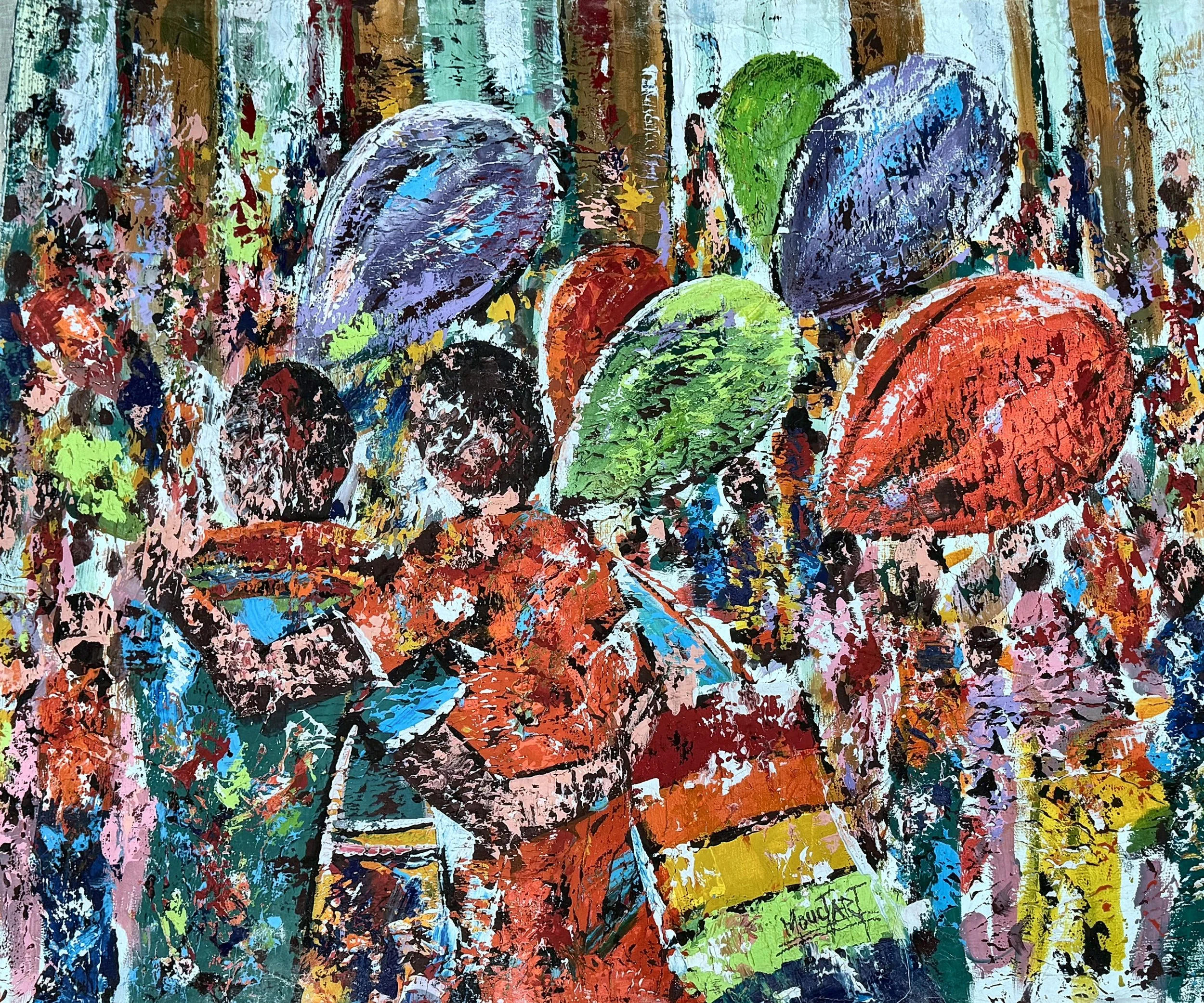 Enquire About This Artwork:
The Festival
A dense crowd in wide-brimmed hats fills the frame in reds, greens and purples.

Acrylic on canvas, 120 × 100 cm, (original work- one available) Price: € 1950 (incl. VAT 13.5%), Floating frame available on req