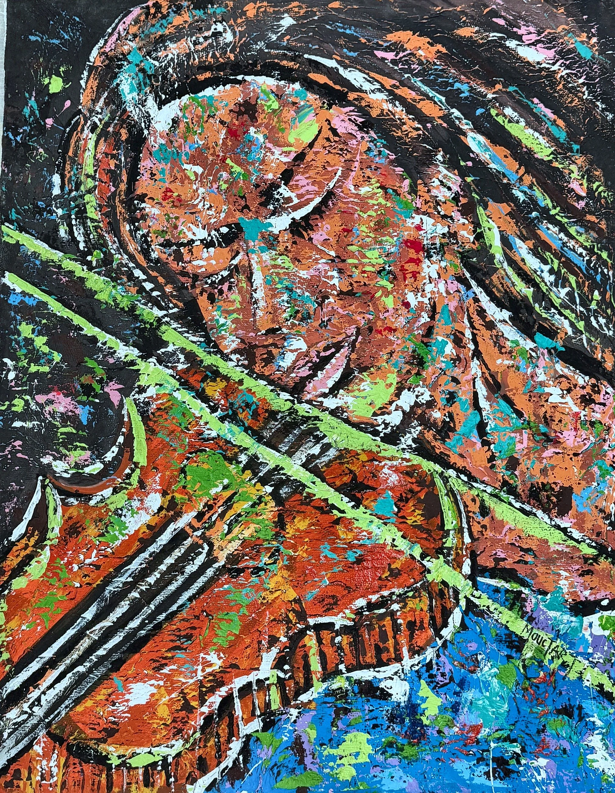 Enquire About This Artwork:
The Soul of the Violin
A close, abstracted view of a violin's curves and strings, in warm oranges and greens crossed by dark lines.

Acrylic on canvas, 80 × 100 cm, (original work- one available) Price: € 1450 (incl. VAT 1