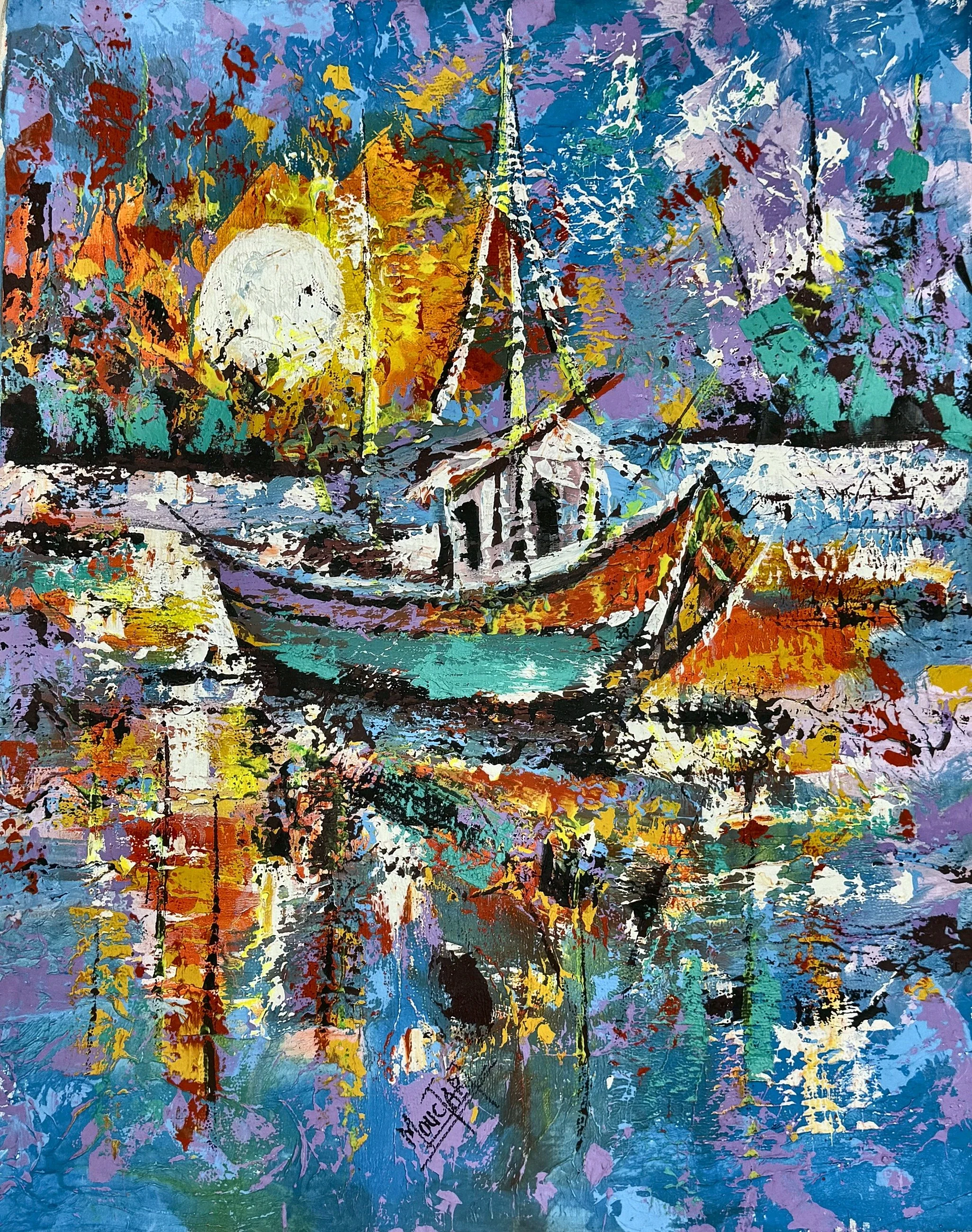 Enquire About This Artwork:
Pirogue at Sunset
A moored boat glows against a warm sunset of orange, purple and teal, its reflection rippling below.

Acrylic on canvas, 80 × 100 cm, (original work- one available) Price: € 1550 (incl. VAT 13.5%), Floati