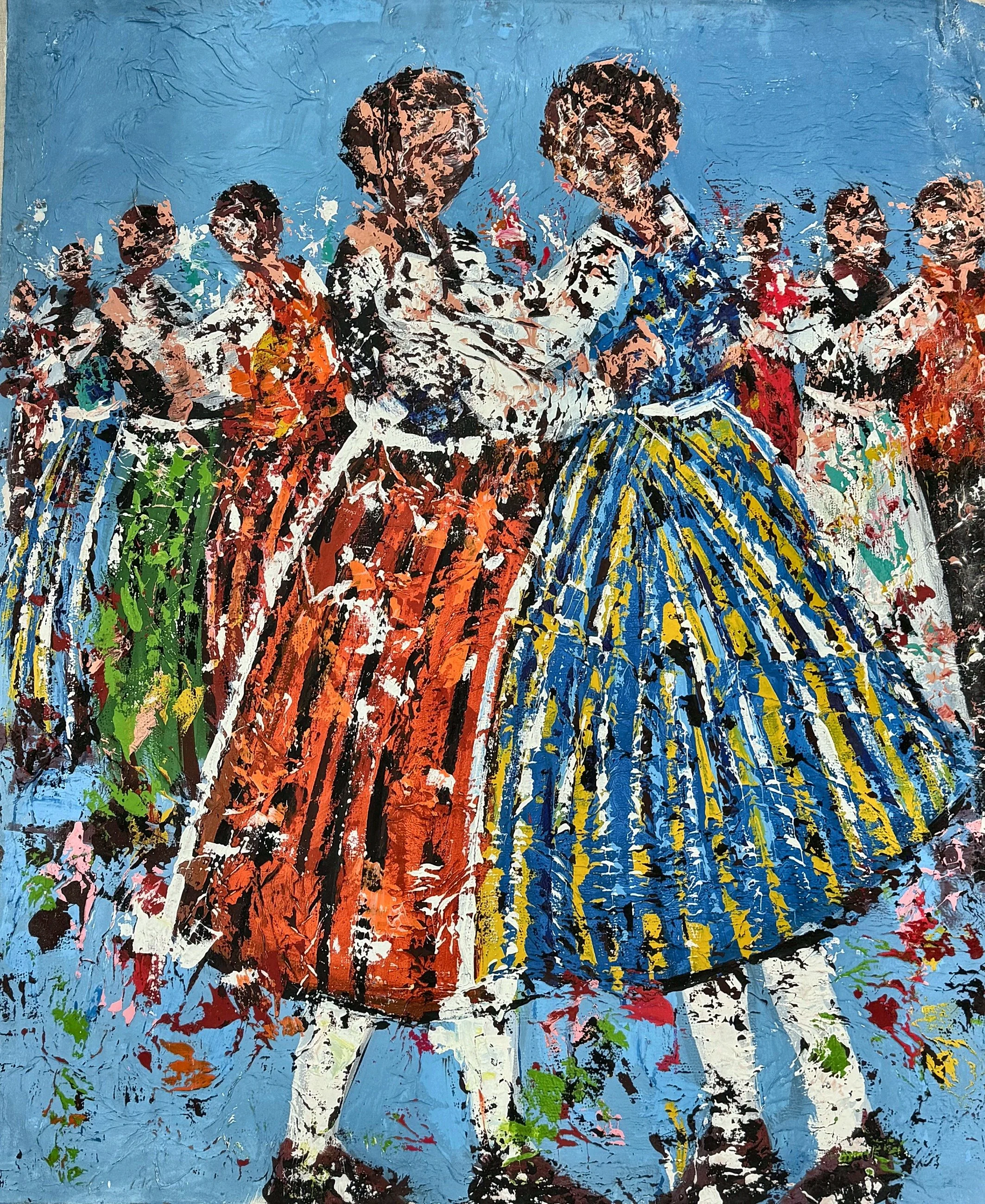 Enquire About This Artwork:
Menuetti
Dancers in traditional dress link arms in a circle against a clear blue ground.

Acrylic on canvas, 100 × 120 cm, (original work- one available) Price: € 2550 (incl. VAT 13.5%), Floating frame available on request