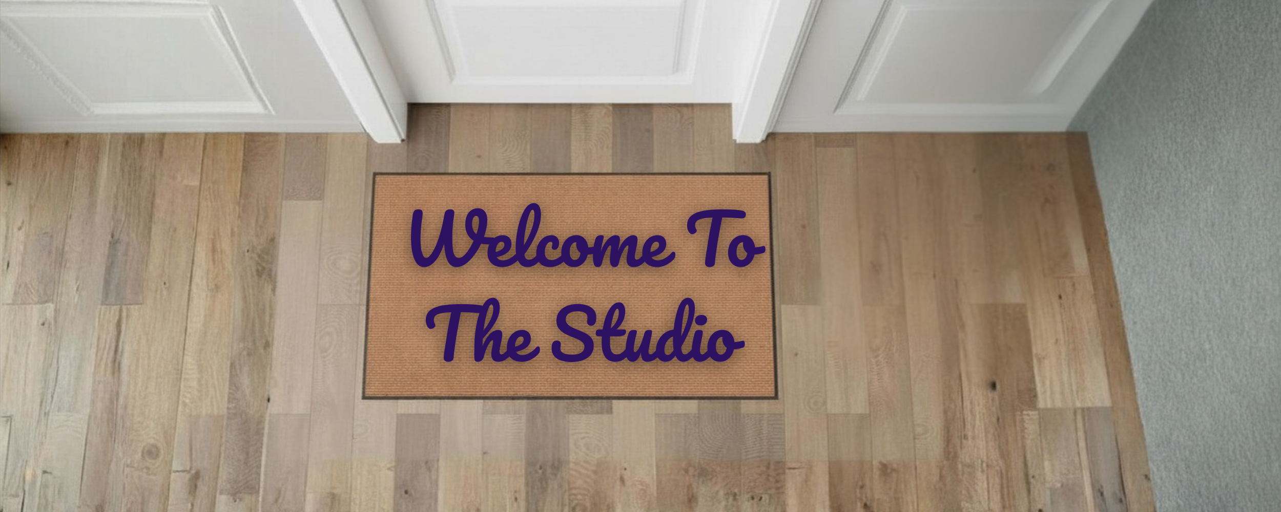 A digital illustration of a white studio door with a signature purple welcome mat that says 'Welcome to the Studio' in Pacifico script, representing Ziggy’s Crafty Place.