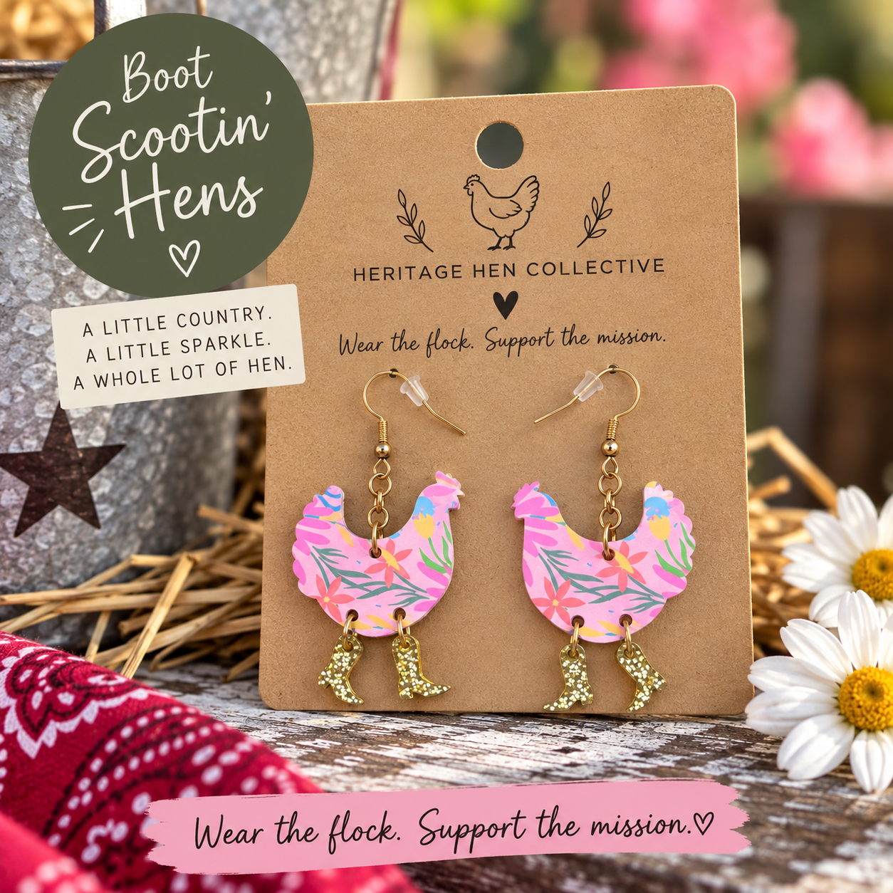 Boot Scootin' Hen Earrings (Pink Floral)
