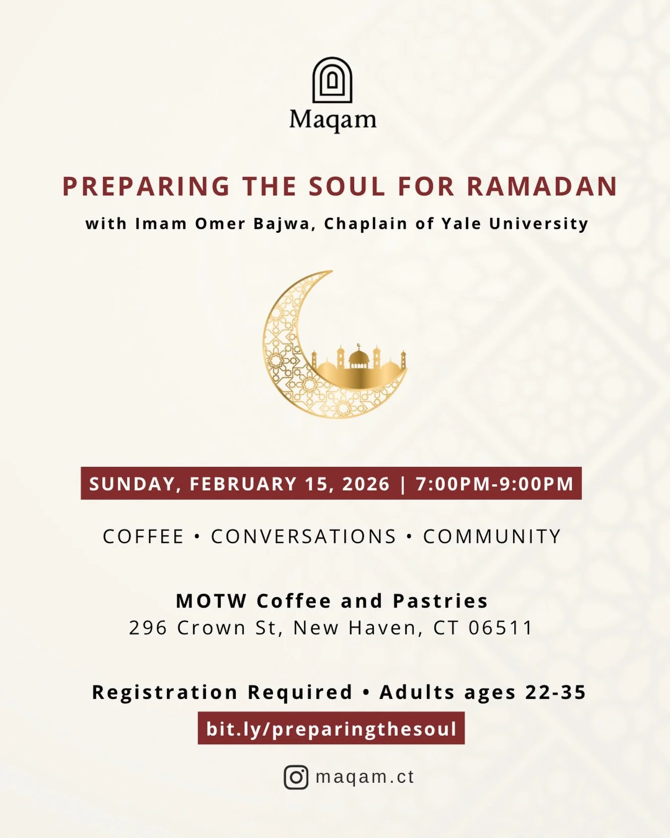 With Ramadan around the corner, now is the time to start preparing ourselves so we can make the most out of this blessed month🌙&thinsp;
&thinsp;
Join us for an inspiring lecture event led by Imam Omer Bajwa, Chaplain of Yale University, as we discus