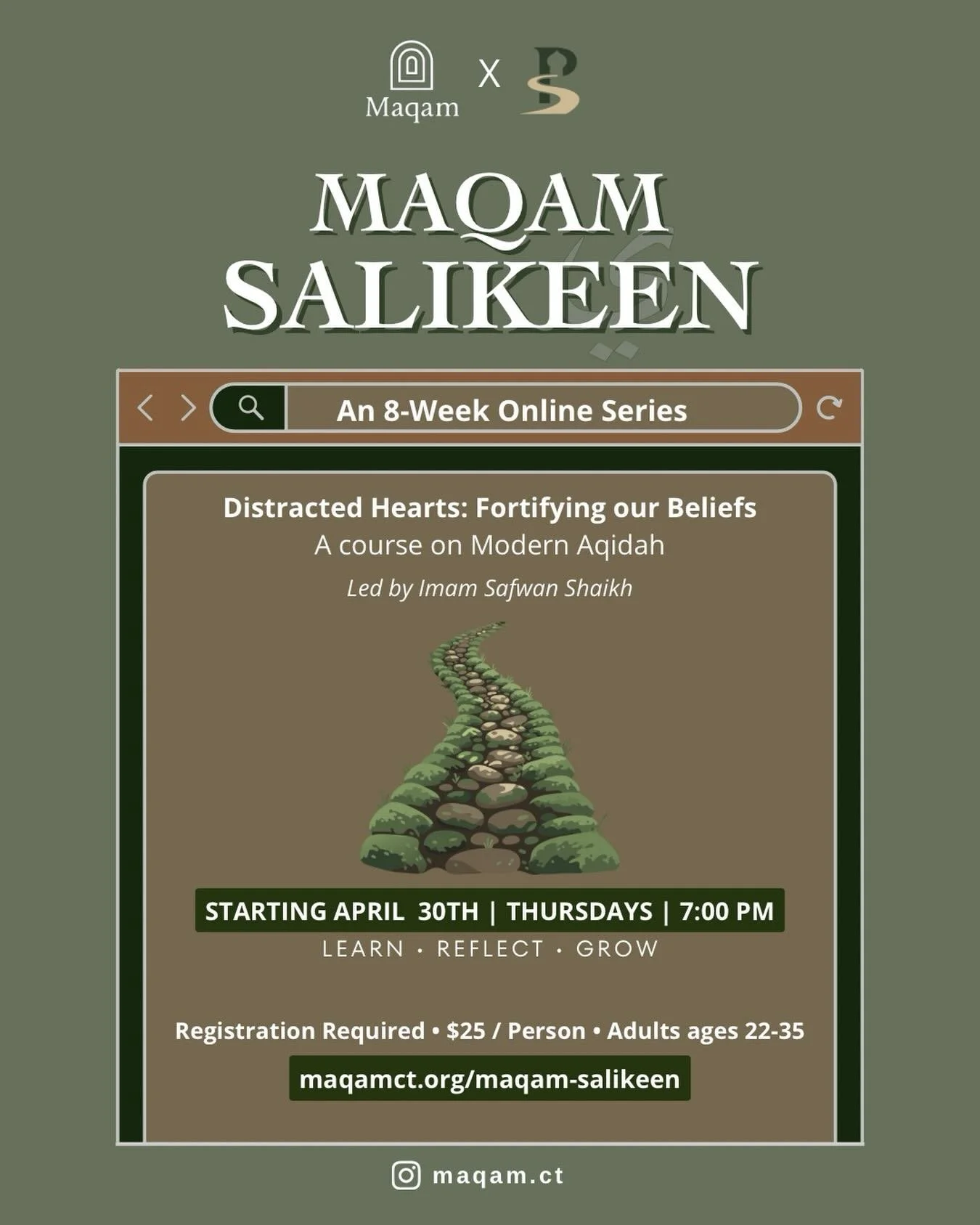 We are excited to launch a new program under Maqam called Maqam Salikeen! 

Maqam Salikeen is an initiative to provide easy access to spiritual nourishment through guided courses on various Islamic concepts by people of knowledge.

Please join us for