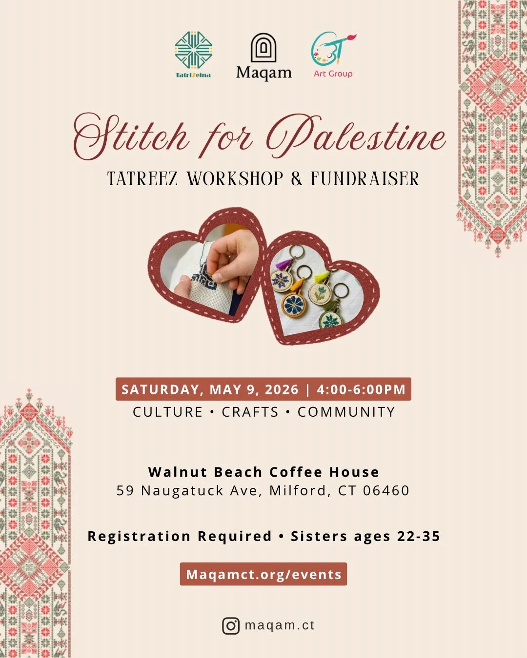 Join us for a hands-on evening of stitching, storytelling, and community as we learn the beautiful art of Tatreez. &thinsp;
During this step-by-step guided workshop led by @tatrizeina, you&rsquo;ll learn the basics of traditional Palestinian embroide