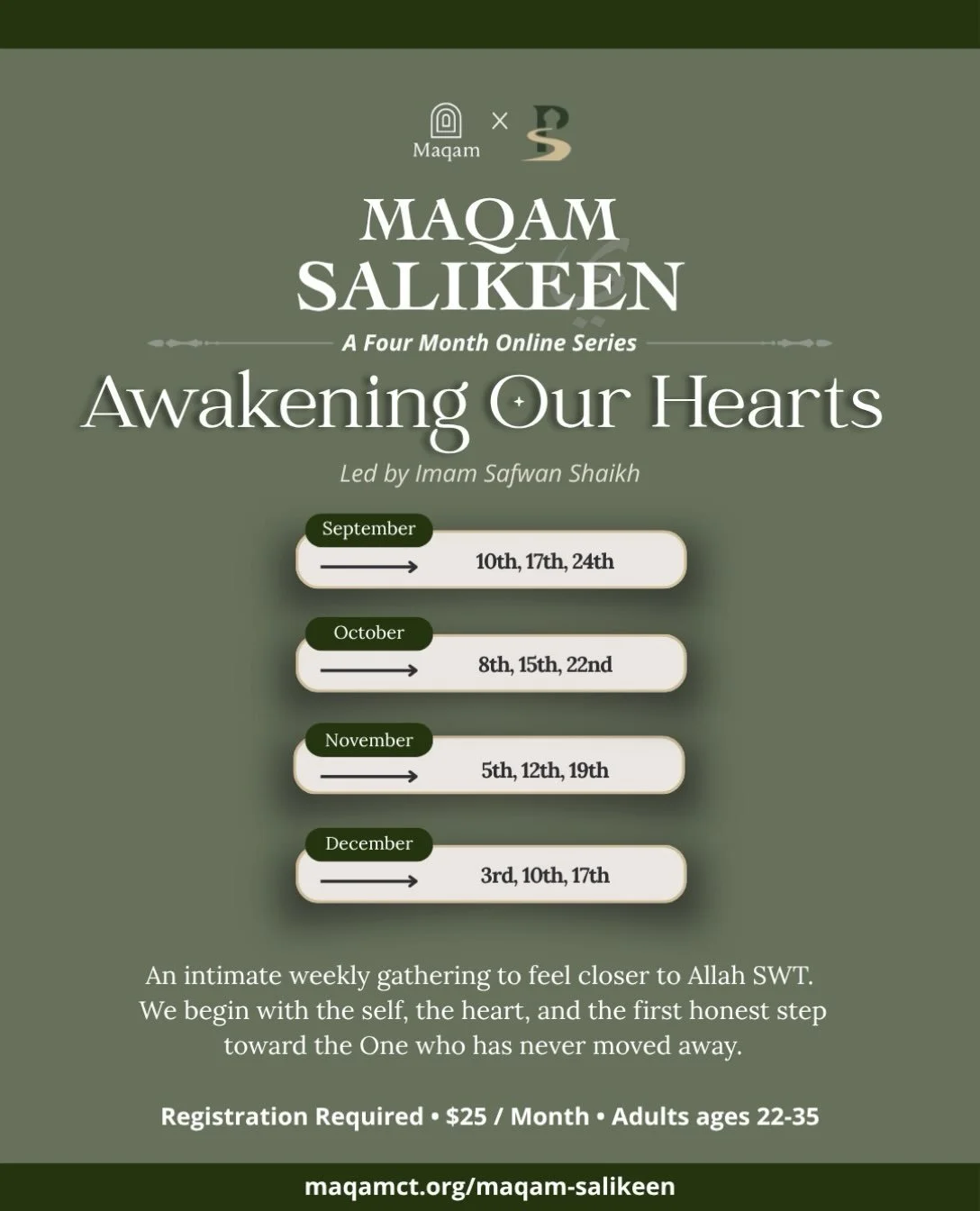 We&rsquo;re pleased to share the next course from Maqam Salikeen - a series designed to deepen our understanding of Islam and nurture our spiritual growth. 

Join us for this upcoming online course led by Imam Safwan, beginning September 10th! 

🔗 R