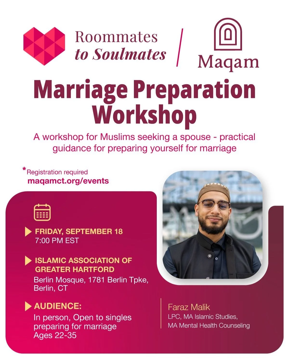 Strong marriages are built with intention, communication, and mercy✨&thinsp;
&thinsp;
Join us for a Marriage Preparation Workshop with Faraz Malik, a Licensed Professional Counselor, educator, and religious scholar who has worked with hundreds of Mus