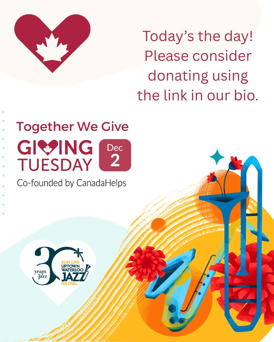 Please consider donating to the Uptown Waterloo Jazz Festival on this Giving Tuesday. Any
amount is appreciated.

There are also plenty of other ways you can also support us today that are free! Please like, share, and tell your friends about our cau