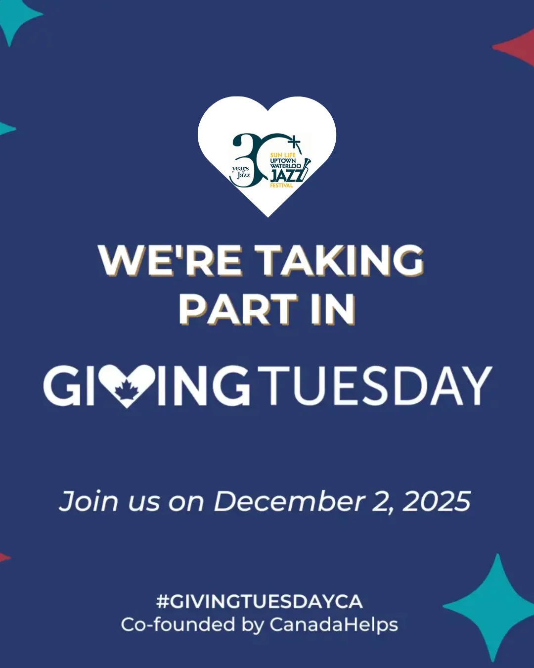 Giving Tuesday is the global day of generosity, and we hope you will join us on Tuesday December 2nd for an important day in giving back to our community. The Uptown Waterloo Jazz Festival is run with amazing volunteers and with generous donations, i