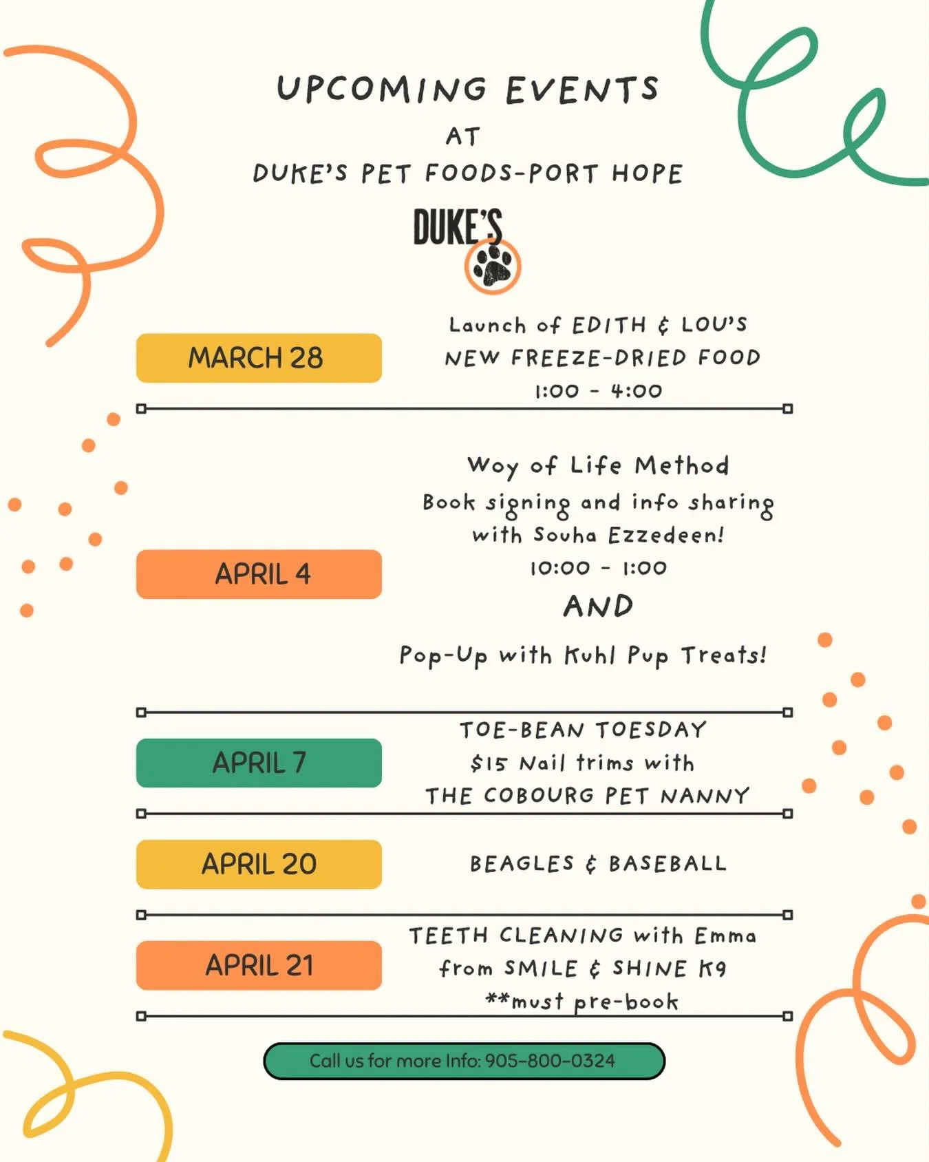 SAVE THE DATES!
Some upcoming events plus our regular monthly teeth cleaning and don&rsquo;t forget our species inclusive nail trims held the 1st &amp; 3rd Tuesday each month @dukesporthope 
We&rsquo;ve got lots going on as we welcome the warmer weat
