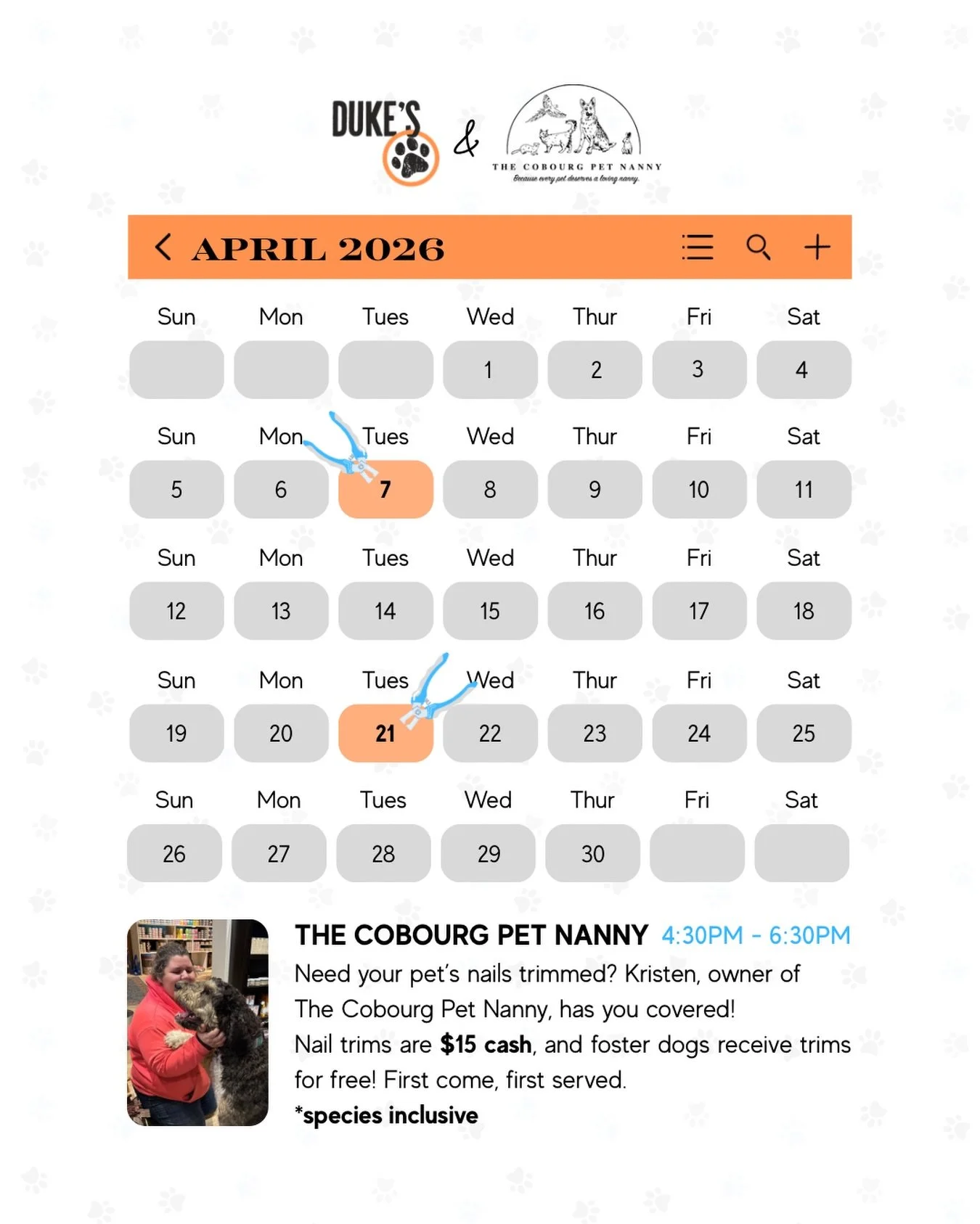 🗓️ April Nail Trim Dates!!

We&rsquo;ve got two nail trim nights lined up with @cobourgpetnanny :

🐾 April 7th &amp; April 21st
⏰ 4:30&ndash;6:30pm
💲 $15 cash
✨ No appointments, we go in arrival order
🐶🐱 Species-inclusive

Mark your calendars. W
