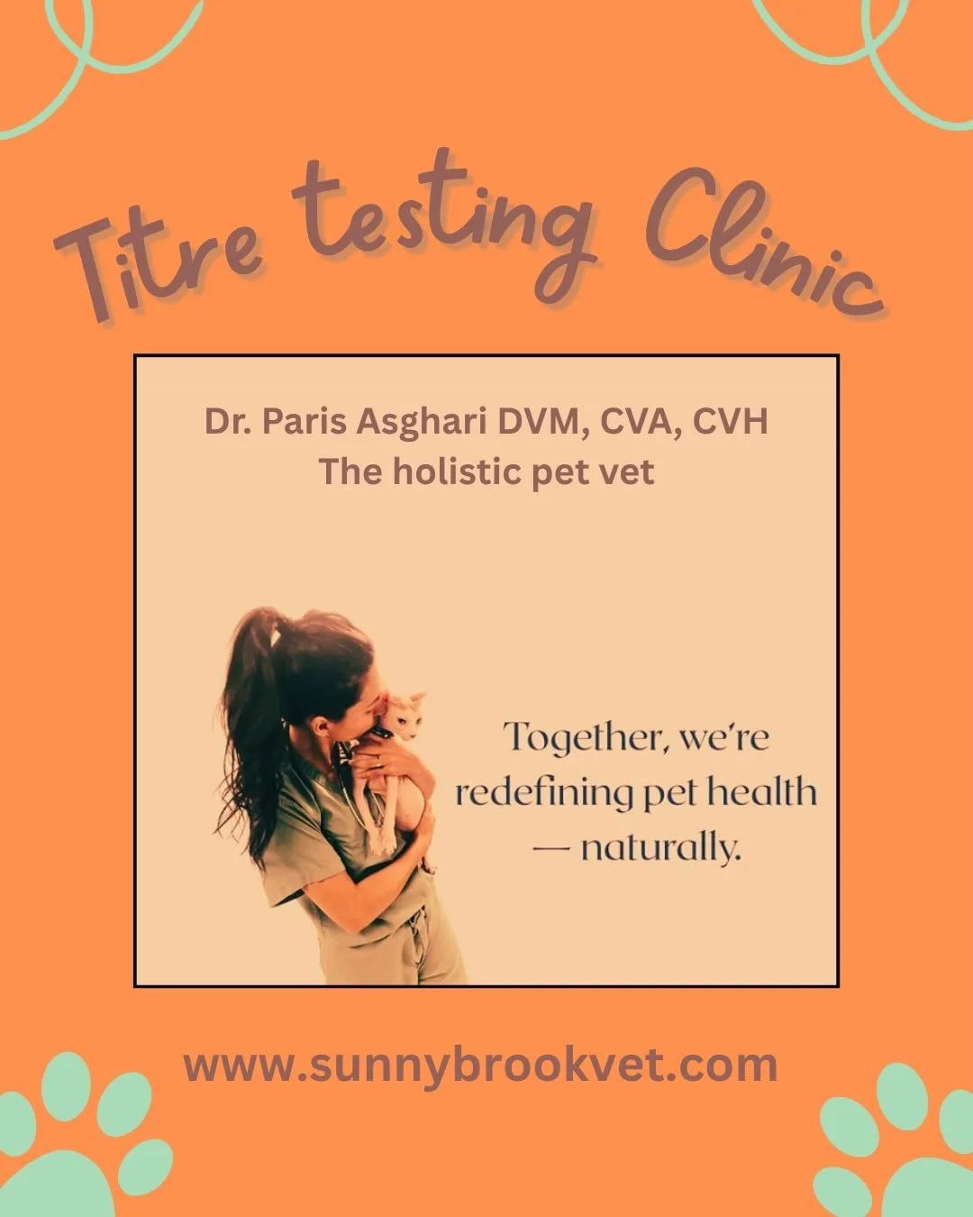 WE ARE LOOKING FOR YOUR FEEDBACK‼️
We have an awesome opportunity to host Dr. Paris Asghari for a Titre testing clinic. If there is enough interest ( minimum 15 pets ) we can book a date🧡
Shoot us a message, comment on the post or give us a call to 