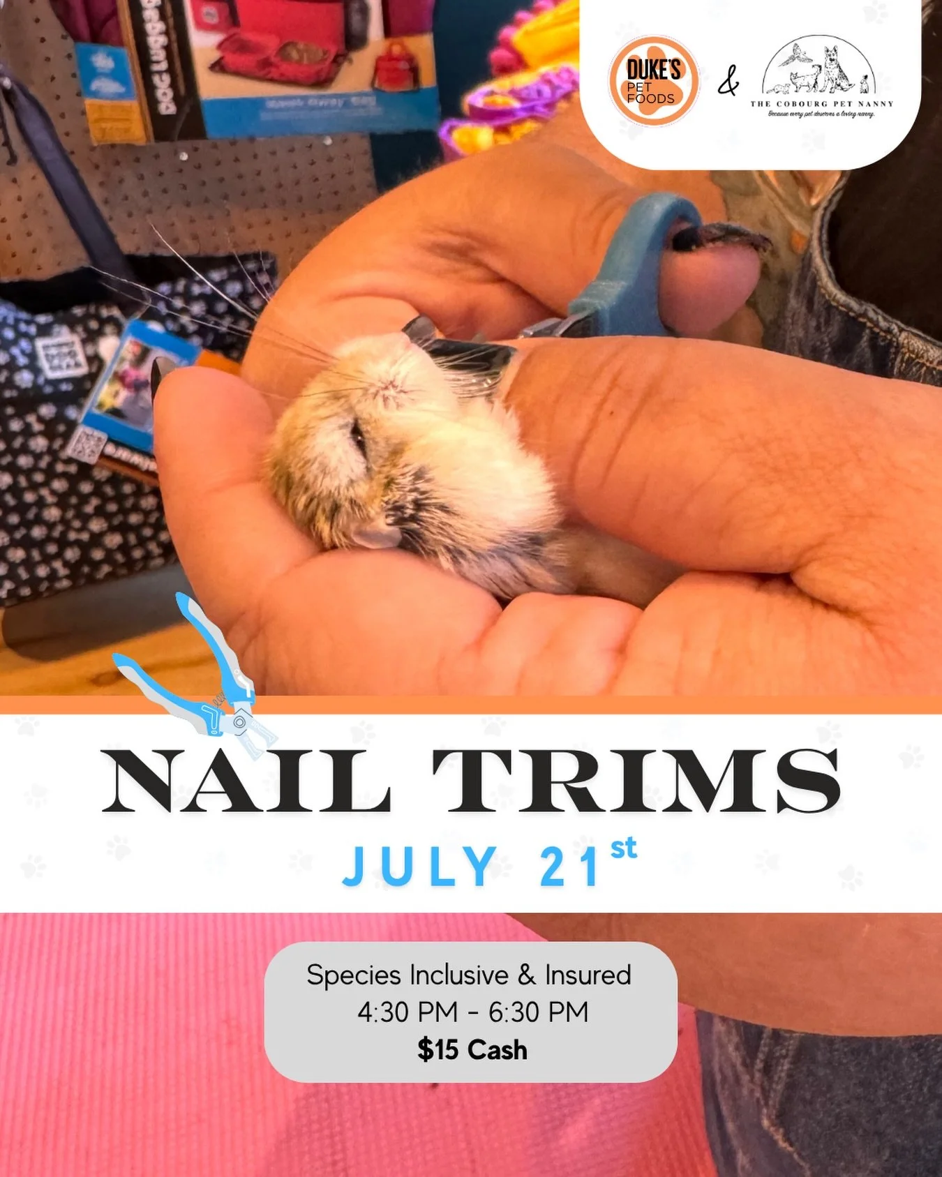 🐾 Calling all toe beans! 🩷

If your pet&rsquo;s nails are due for a little tune-up, tomorrow&rsquo;s the perfect time to pop by.

We&rsquo;ll have @cobourgpetnanny in-store:

⏰ 4:30&ndash;6:30pm
💲 $15 cash
✨ No appointment needed
🐶🐱 🐦 🐹 Specie