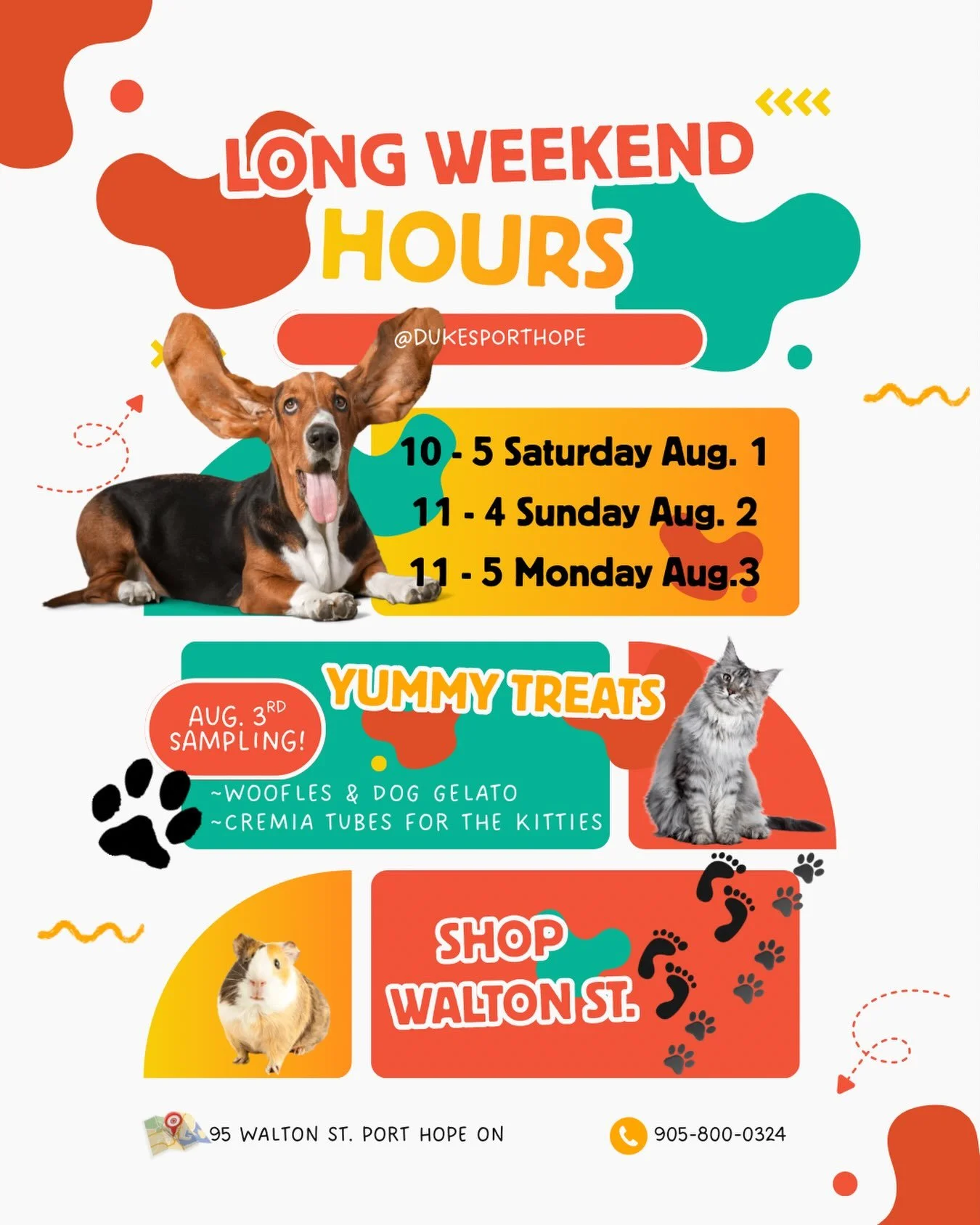 As you make plans for this coming long weekend, add @dukesporthope to your adventures! 
We&rsquo;ll be open all weekend including holiday Monday. 
Stop by for some samples of Woofles by @mutt.mix and dog gelato from @swellgelatofordogs or a yummy tub