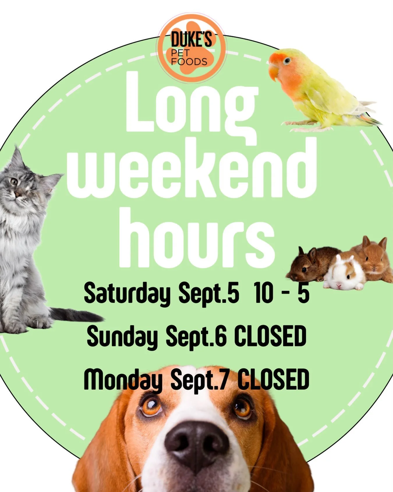 Happy Labour Day weekend to all of our awesome customers!
We&rsquo;ll be closed Sunday &amp; Monday to enjoy some time with family and friends. 
Thanks for a great summer🧡🐾
We&rsquo;ll see you on Tuesday September 8th during our regular hours of 11