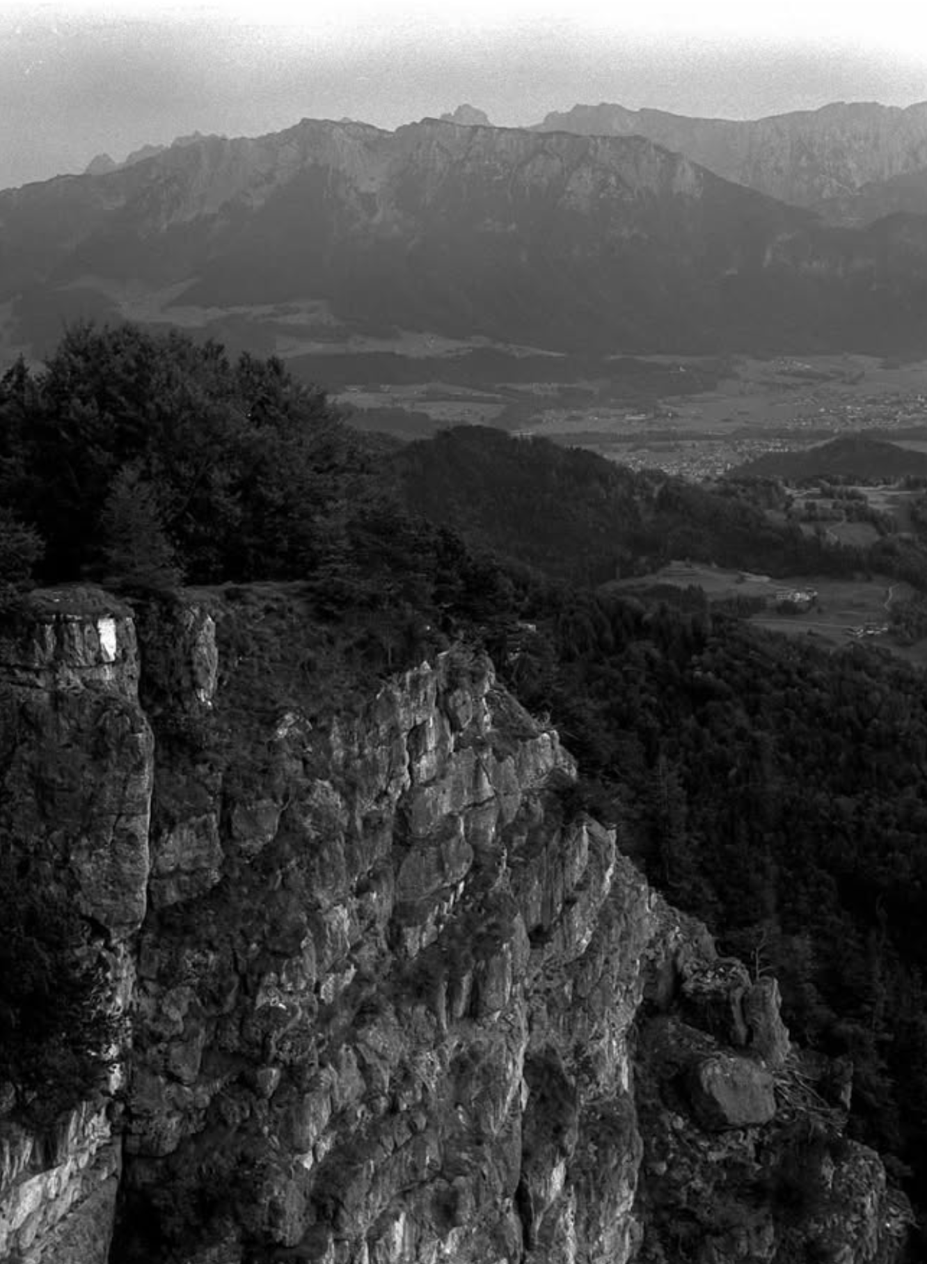 Berglandschaft mit Felsen im Vordergrund, Wäldern und weitem Tal im Hintergrund, in schwarz-weiß