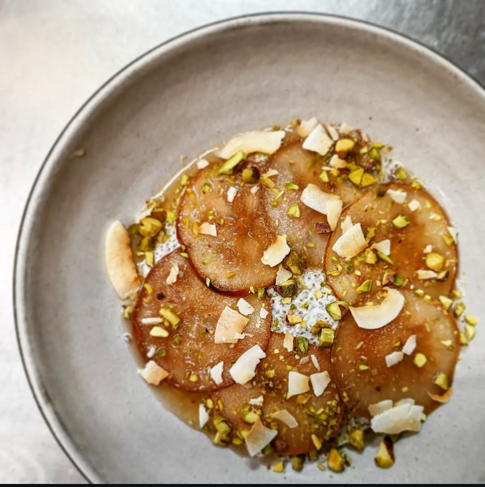 Poached Pears with Chia Seed Pudding, and Toasted Coconut