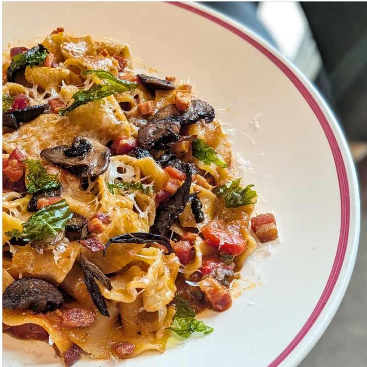 Crispy Pancetta and Mushroom Pappardelle with Roasted Red Peppers and Fried Basil