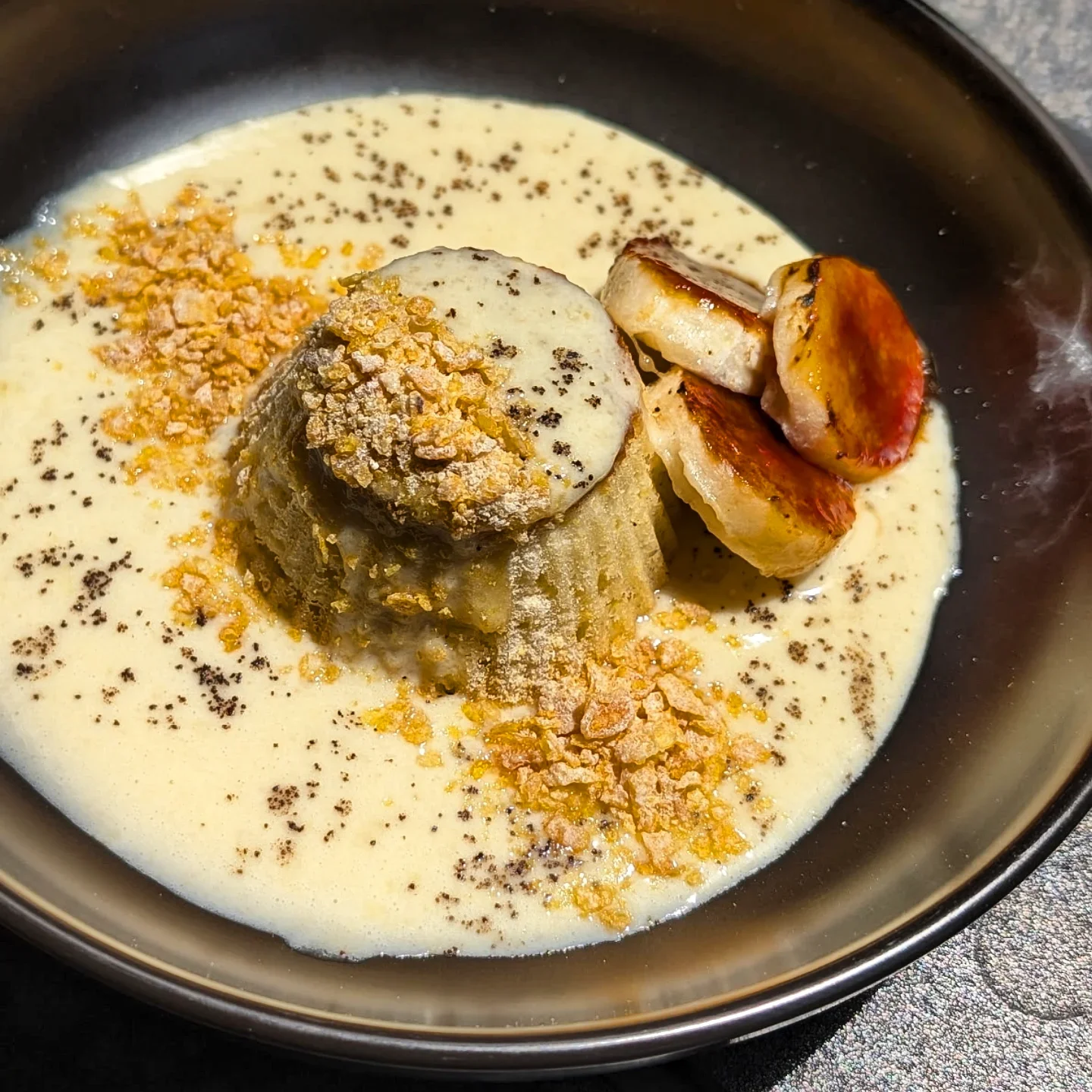 Texas Corn Cake, Cereal Milk Creme Anglaise, Bruleed Bananas