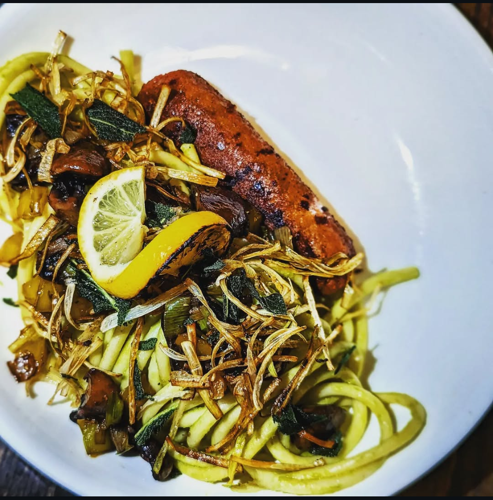 Bucatini in a leek sauce, with Frizzled Leeks, and Fried Sage.