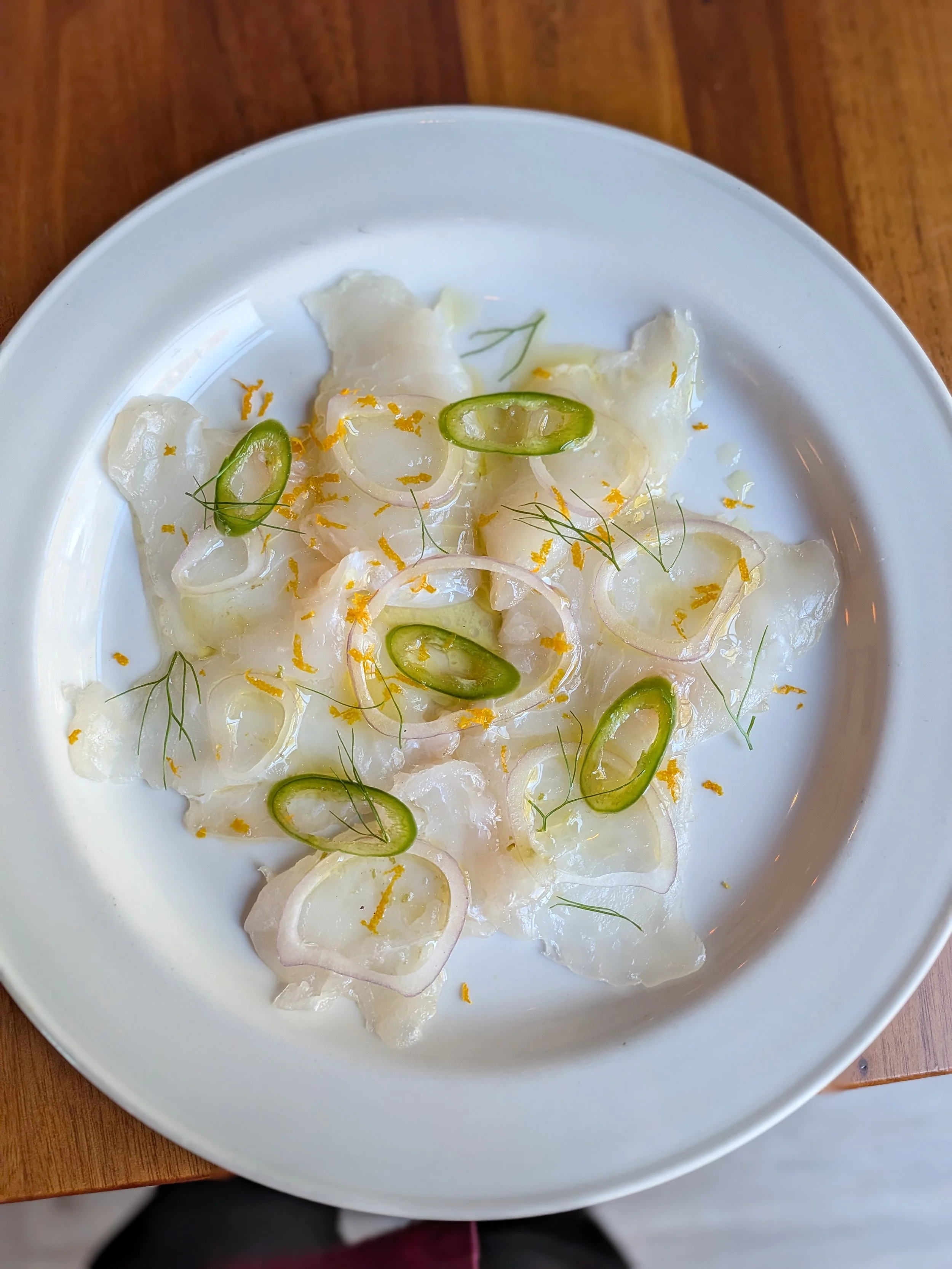 Halibut Crudo, Quick Pickled Serrano, Fresh Shallots