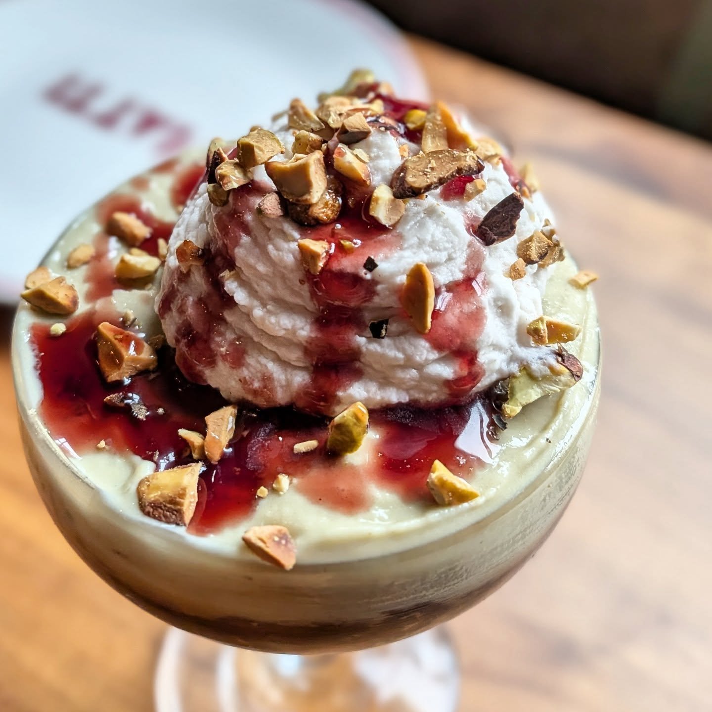 Spumoni, with a Rich Chocolate Pudding, Pistachio Gelato, Luxardo Maraschino Drizzle and Toasted Pistachios