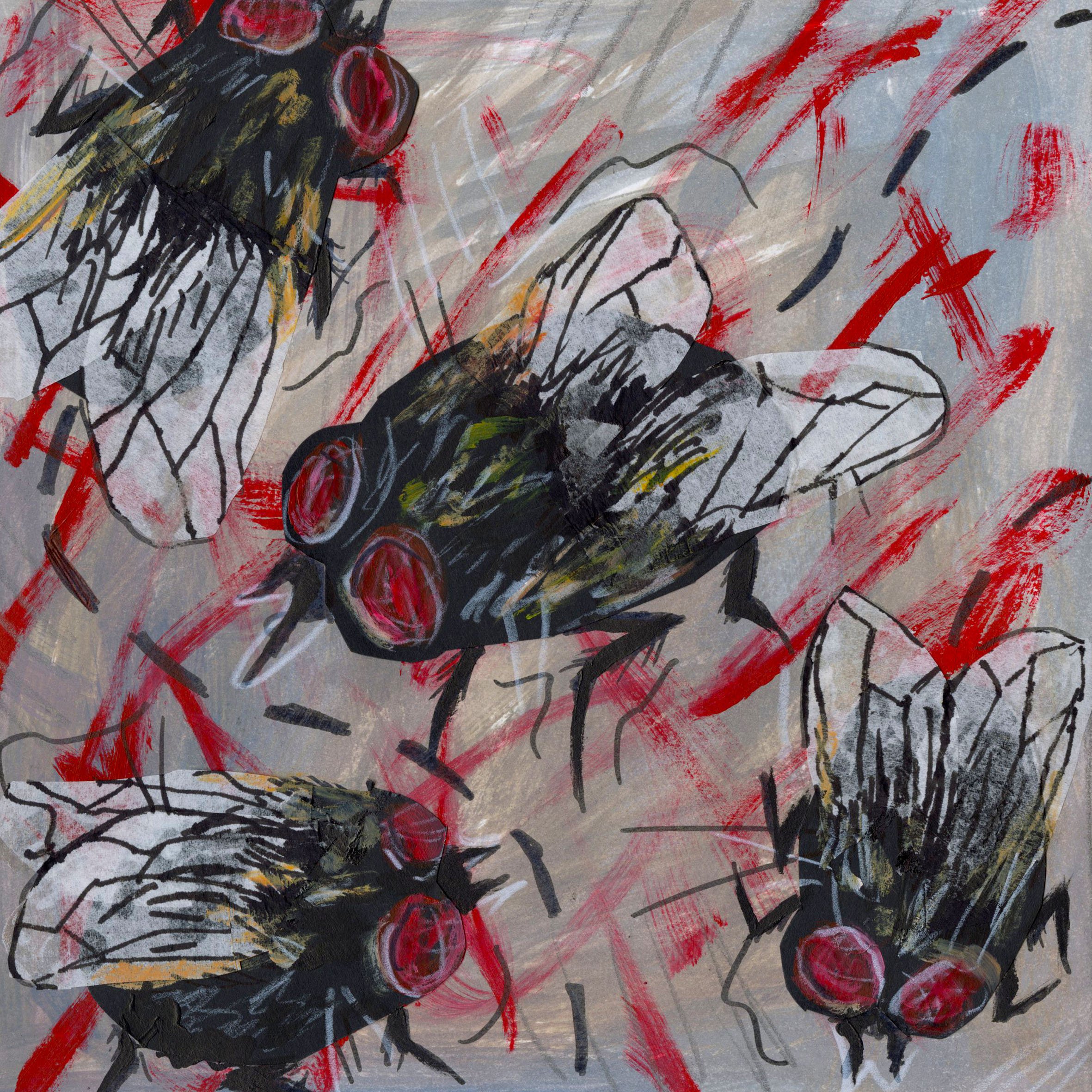 illustration of large flies using texture and red colour