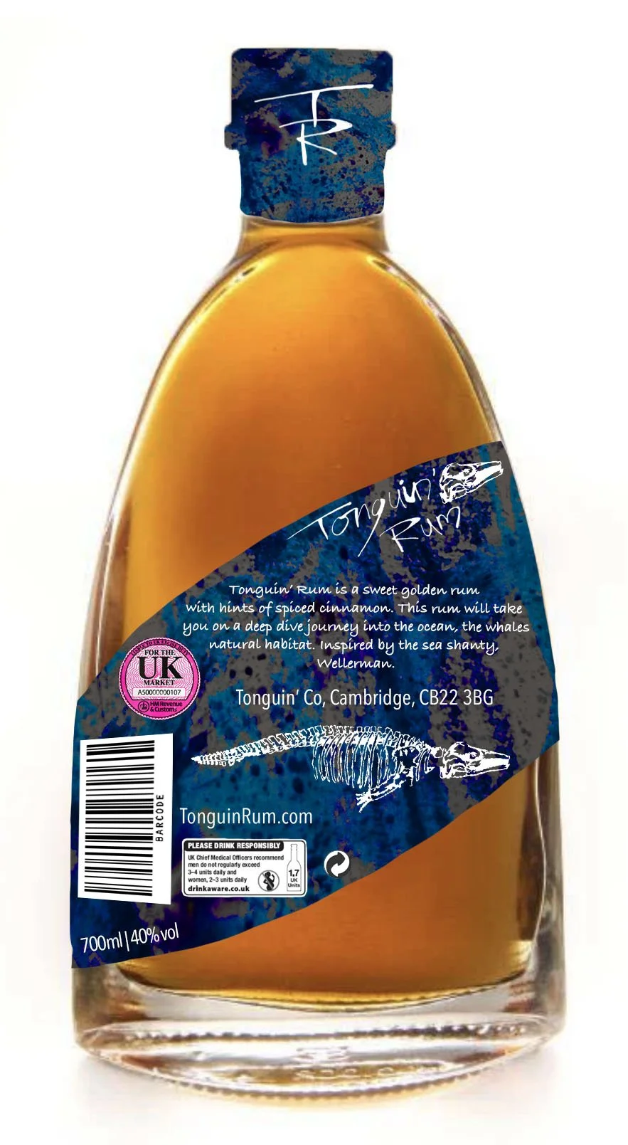 package design illustration for a rum bottle with whale bones and blue textures