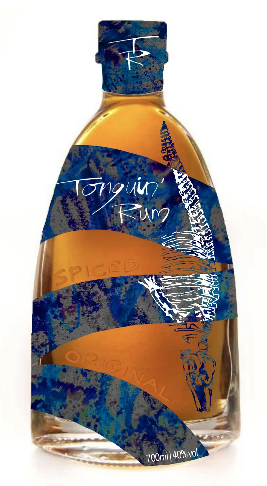 package design illustration for a rum bottle with whale bones and blue textures