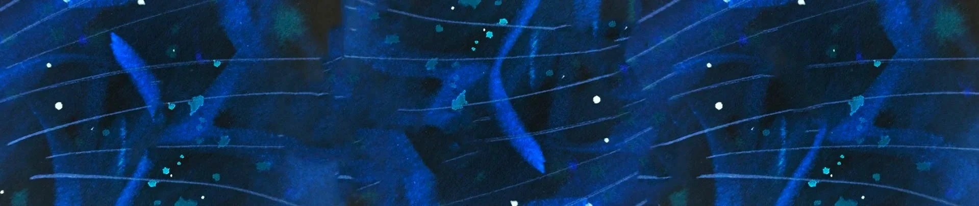 Abstract blue and black background with swirling lines and splatters of paint.