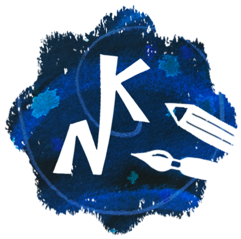 A blue logo with a 'k' and 'n', standing for Katie Nicholas, an illustrator