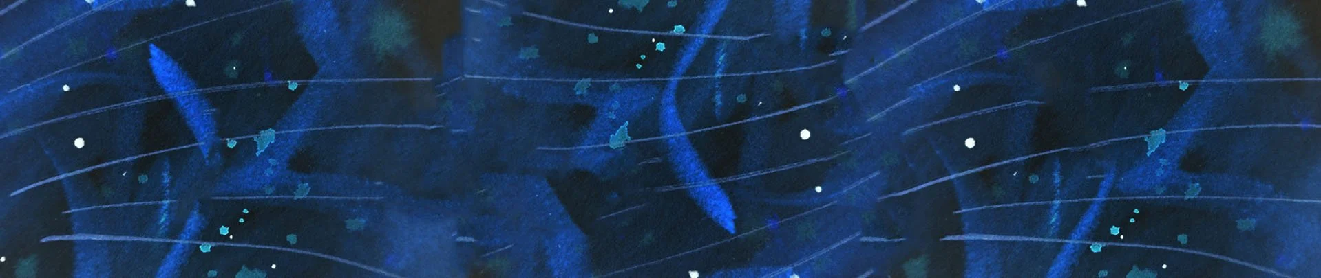 An abstract blue and black background with streaks, splatters, and swirling patterns.