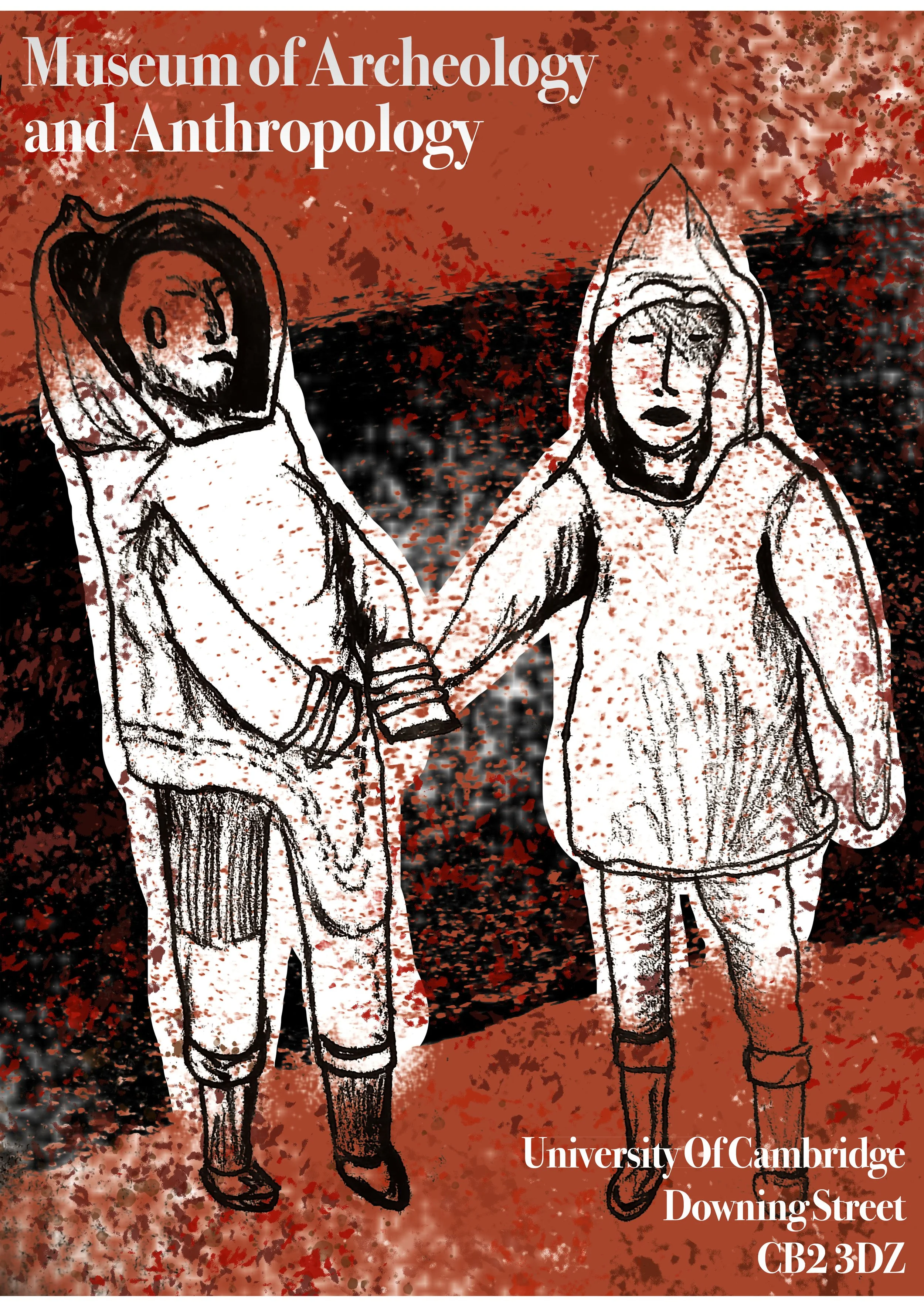 textured poster illustration of two figurines found in a museum