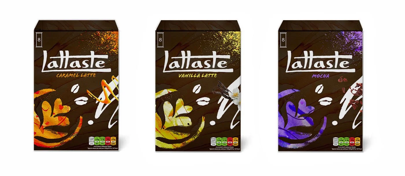 illustrated package designs for three latte flavour boxes