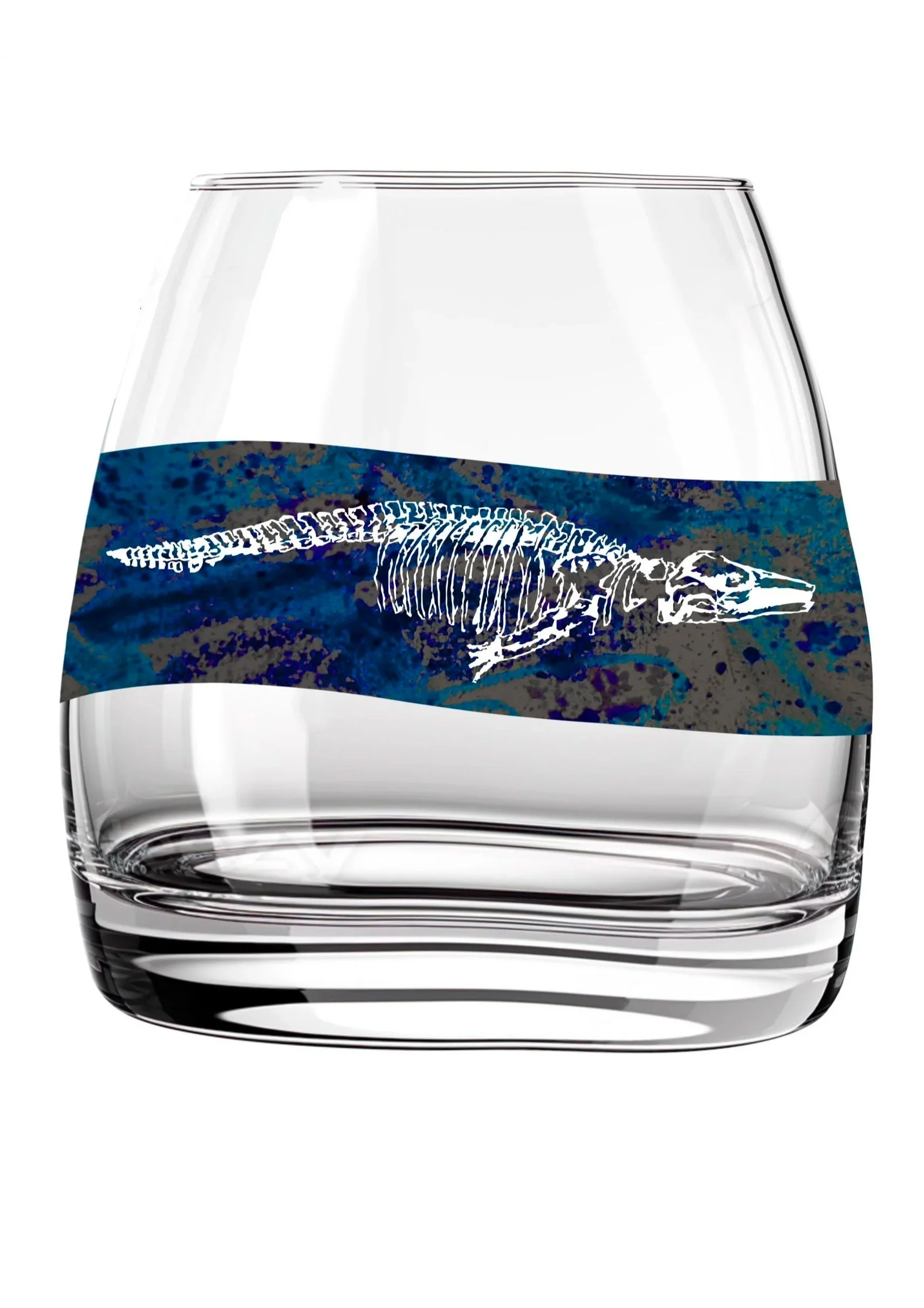 rum glass design illustration of whale bones and blue texture