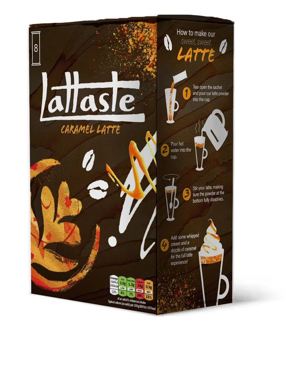 package design illustration of a caramel latte sachet box
