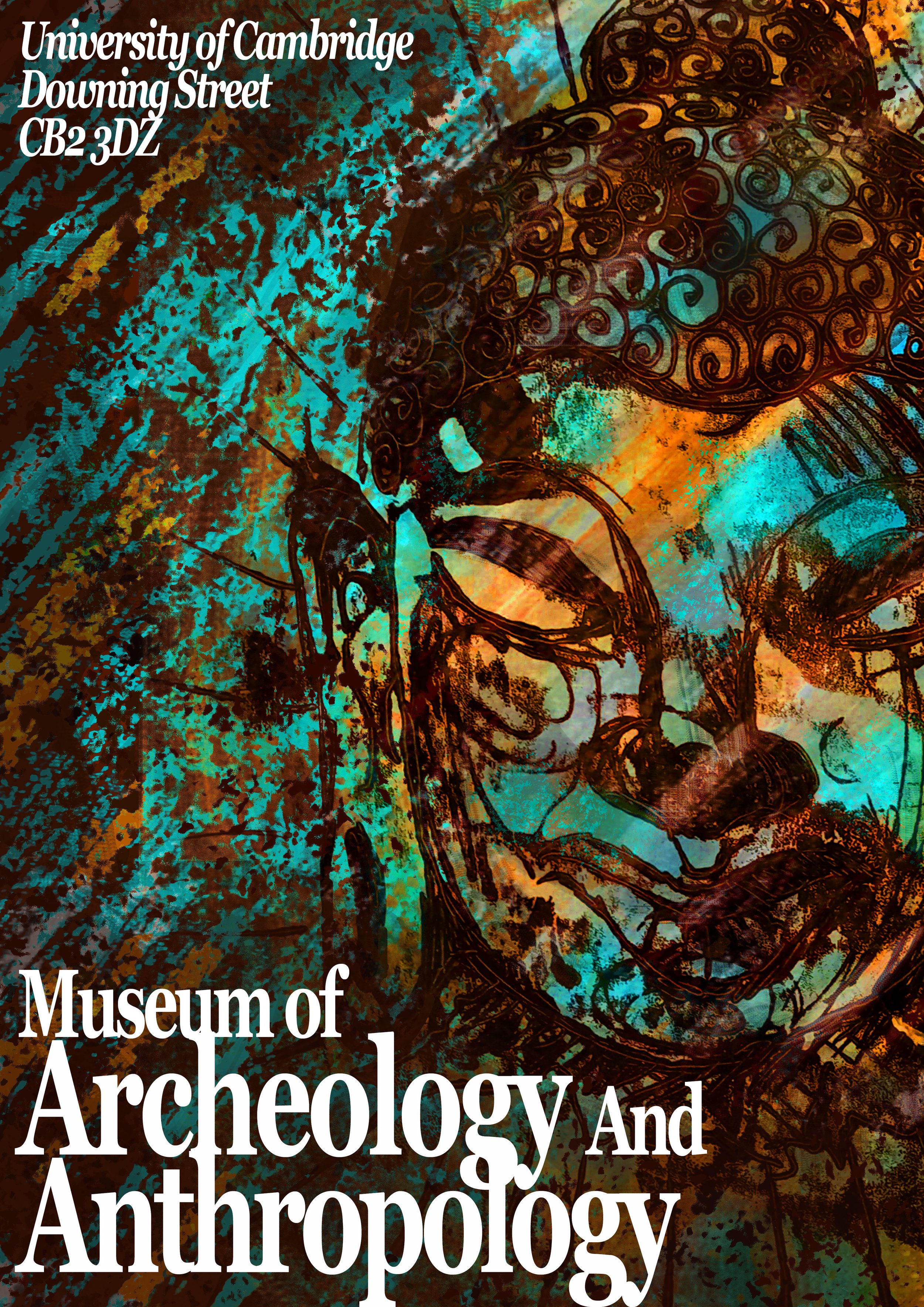 textured poster illustration of a buddha for a museum