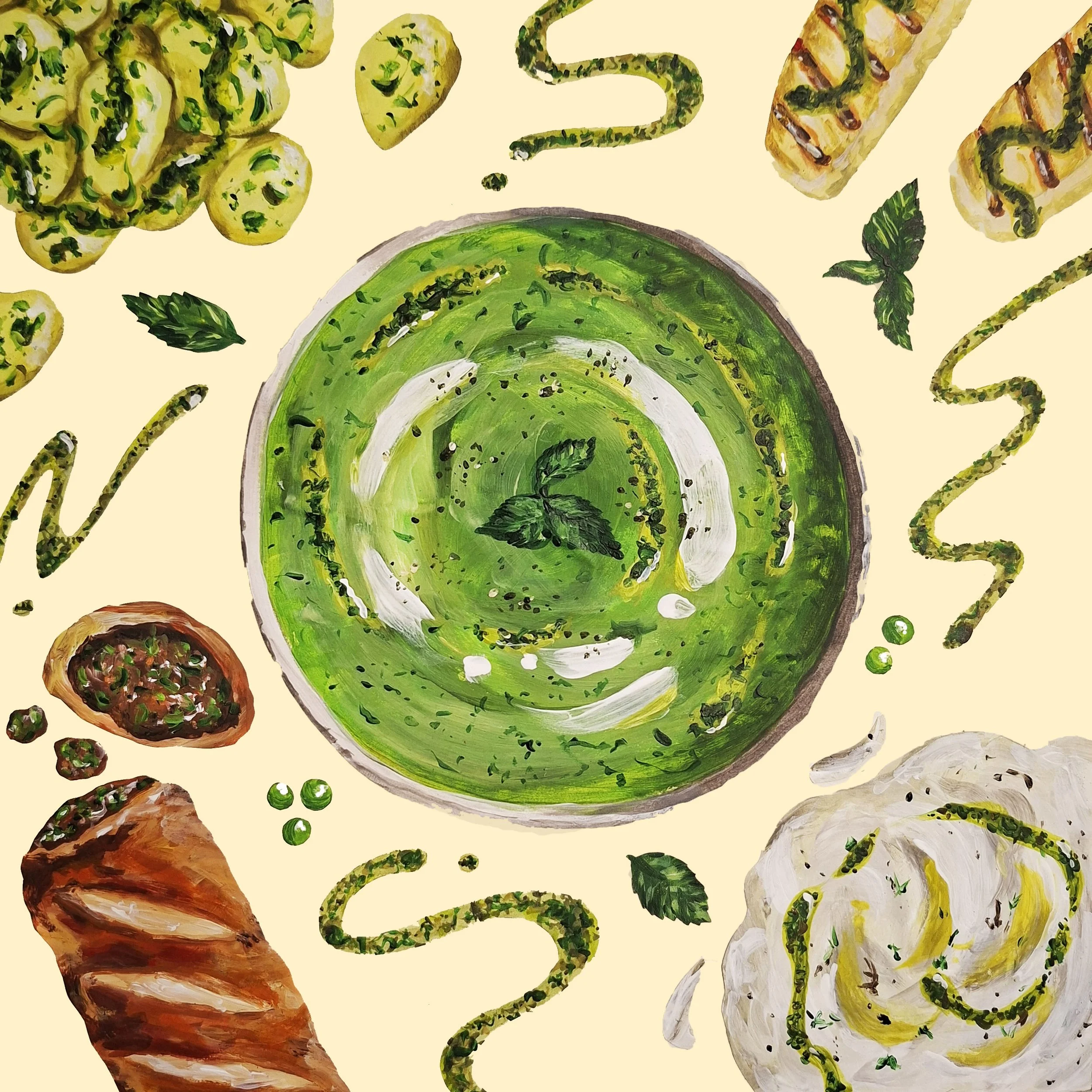 editorial illustration of food using mint sauce using vibrant colour and texture