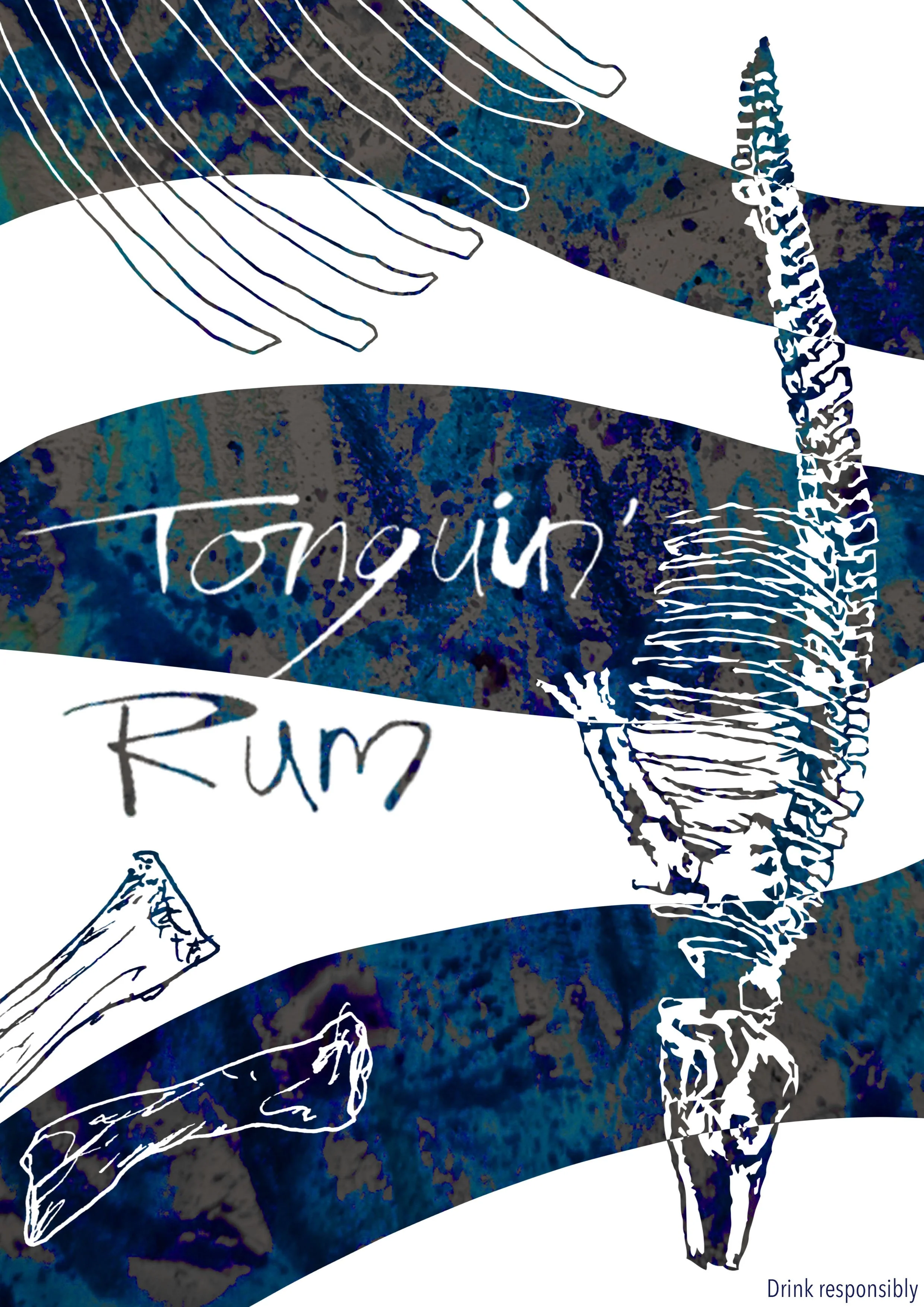 poster design illustration for a rum bottle brand showing whale bones and blue texture