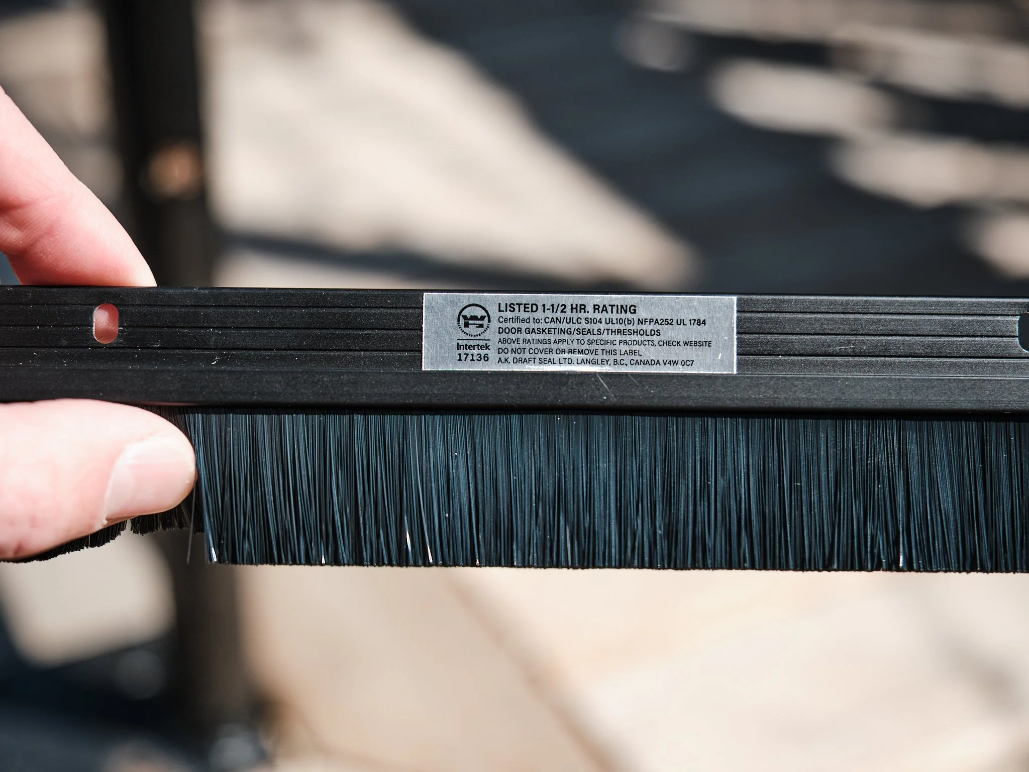Close-up of a person's hand holding a black brush with blue bristles against a blurred background.