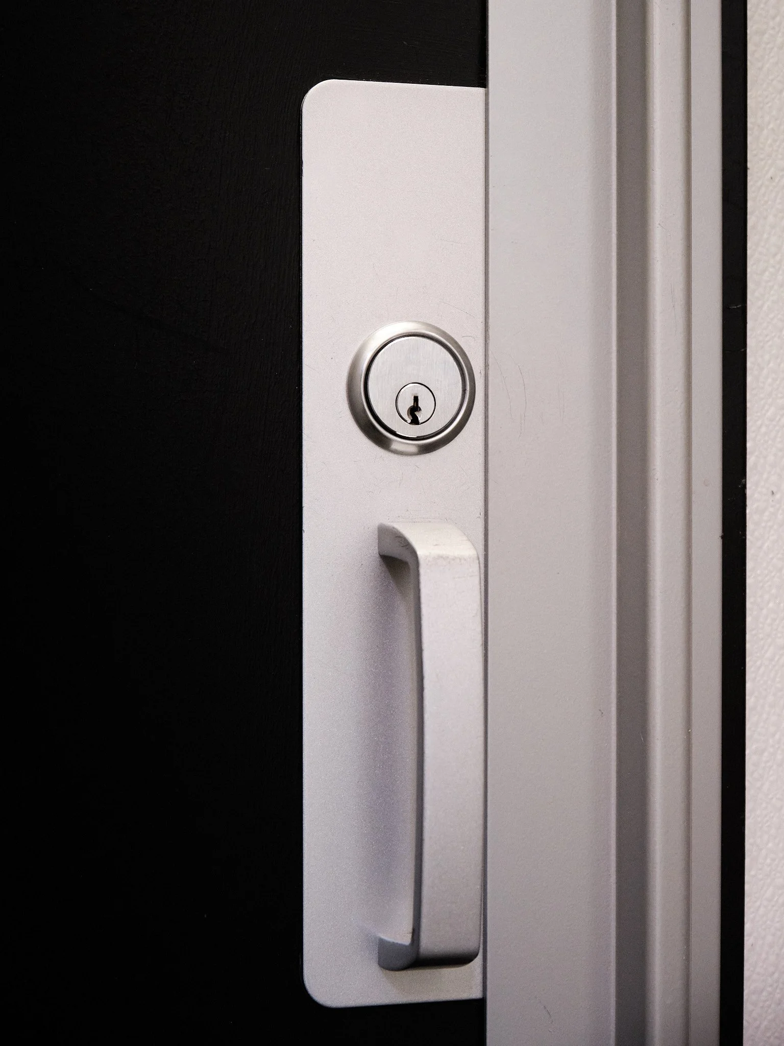 Close-up of a lockable handle on a black and white door, with an astragal installed that prevents prying between the lock and handle.